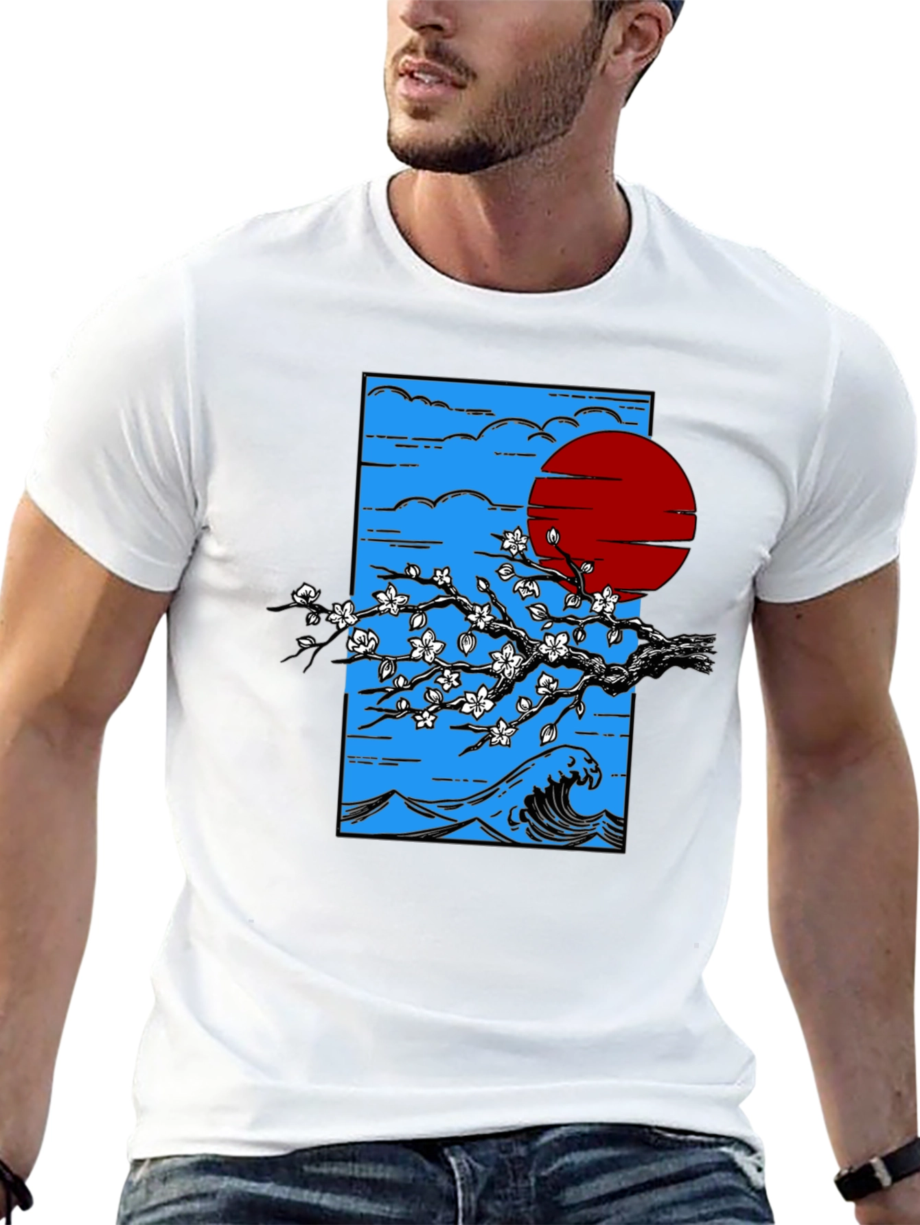 Japanese Wave & Sun Graphic T-Shirt