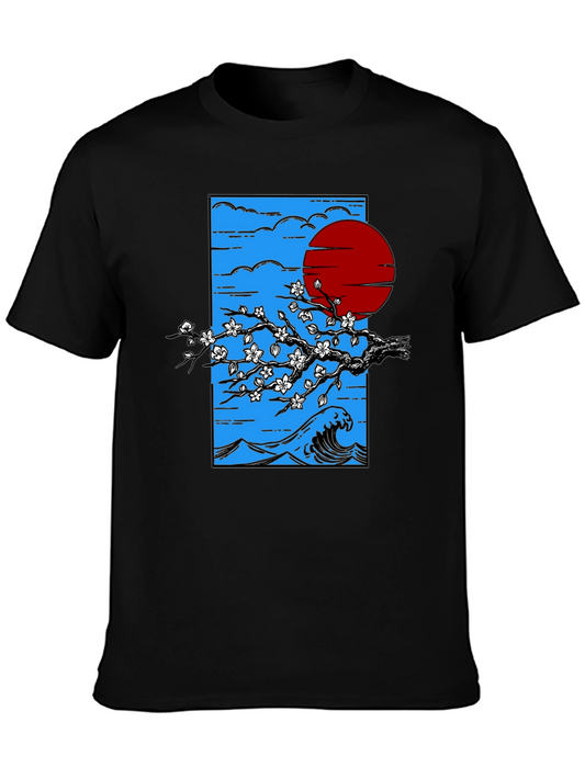 Japanese Wave & Sun Graphic T-Shirt