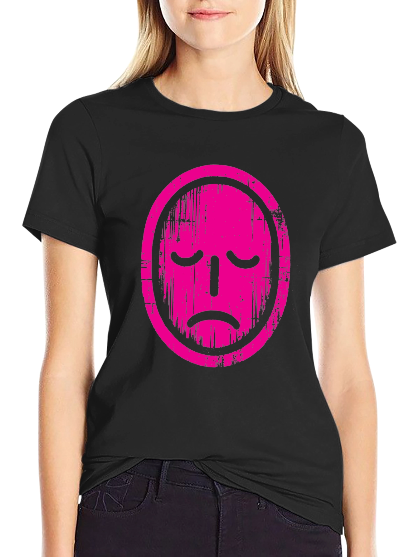 Sad Face Graphic Tee - Black Cotton T-Shirt