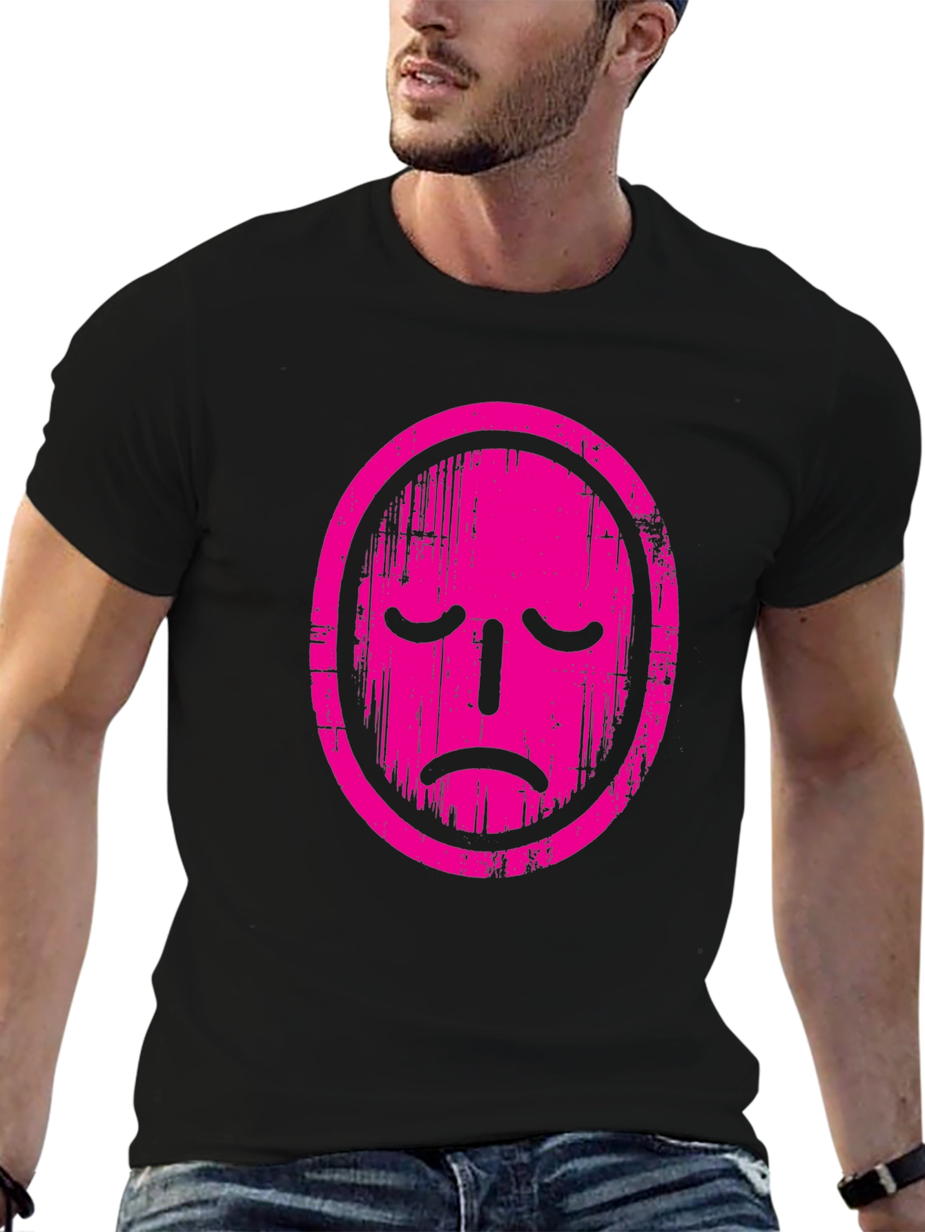 Sad Face Graphic Tee - Black Cotton T-Shirt