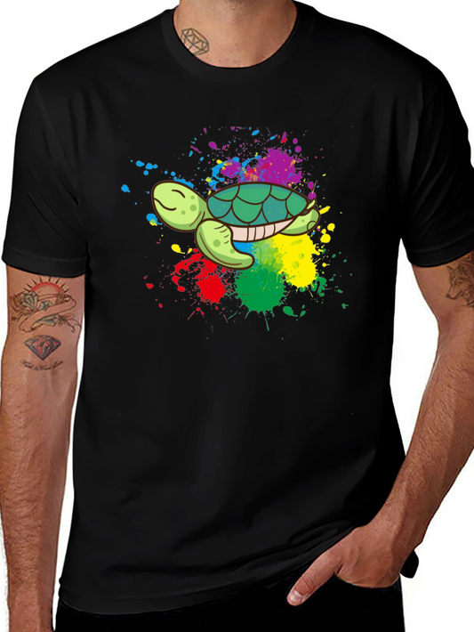 Colorful Turtle Graphic Tee - Black Cotton Blend