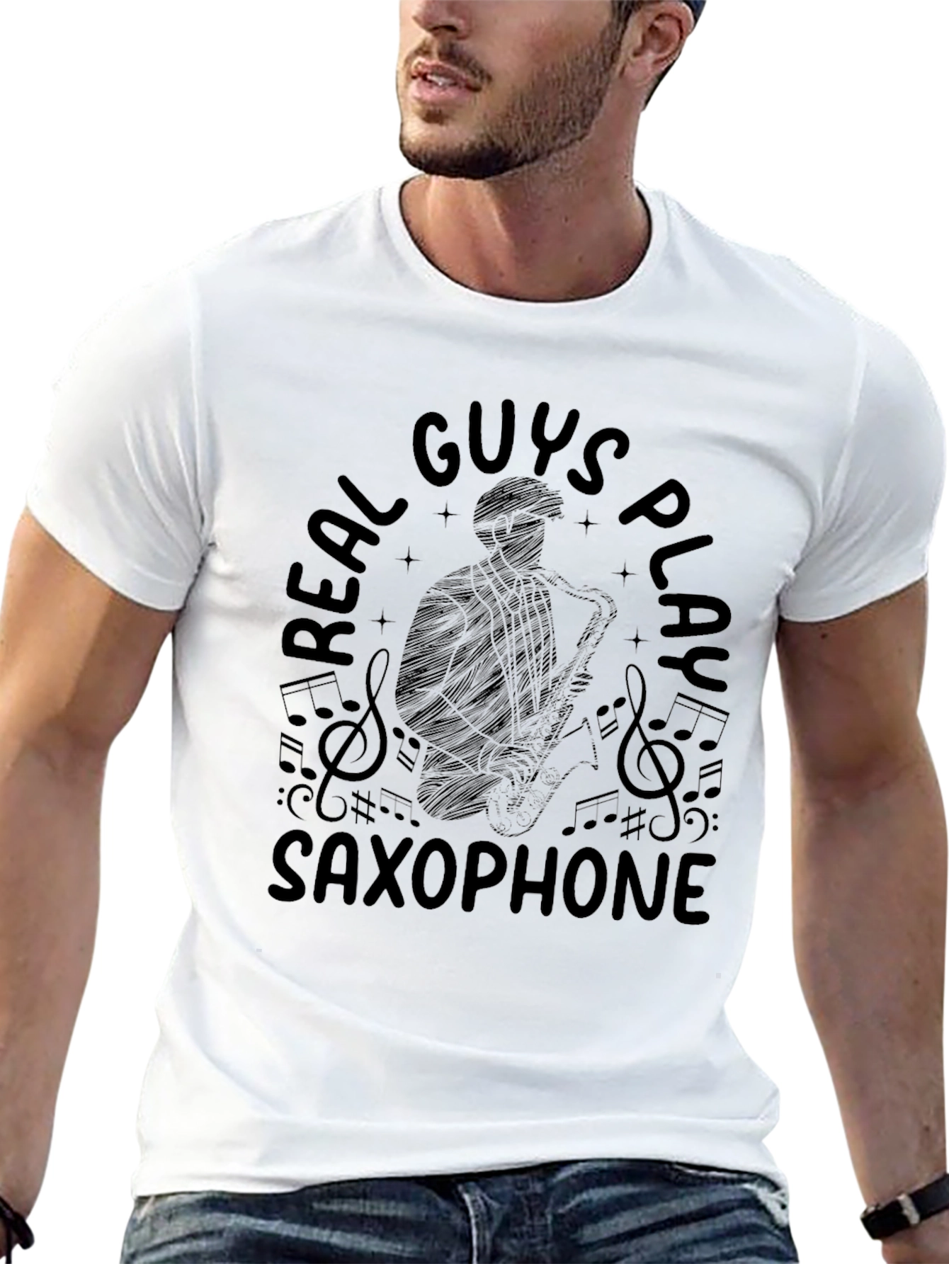 Real Guys Play Saxophone Black Graphic T-Shirt