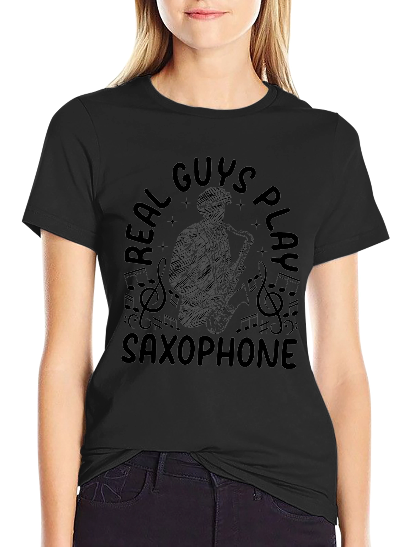 Real Guys Play Saxophone Black Graphic T-Shirt