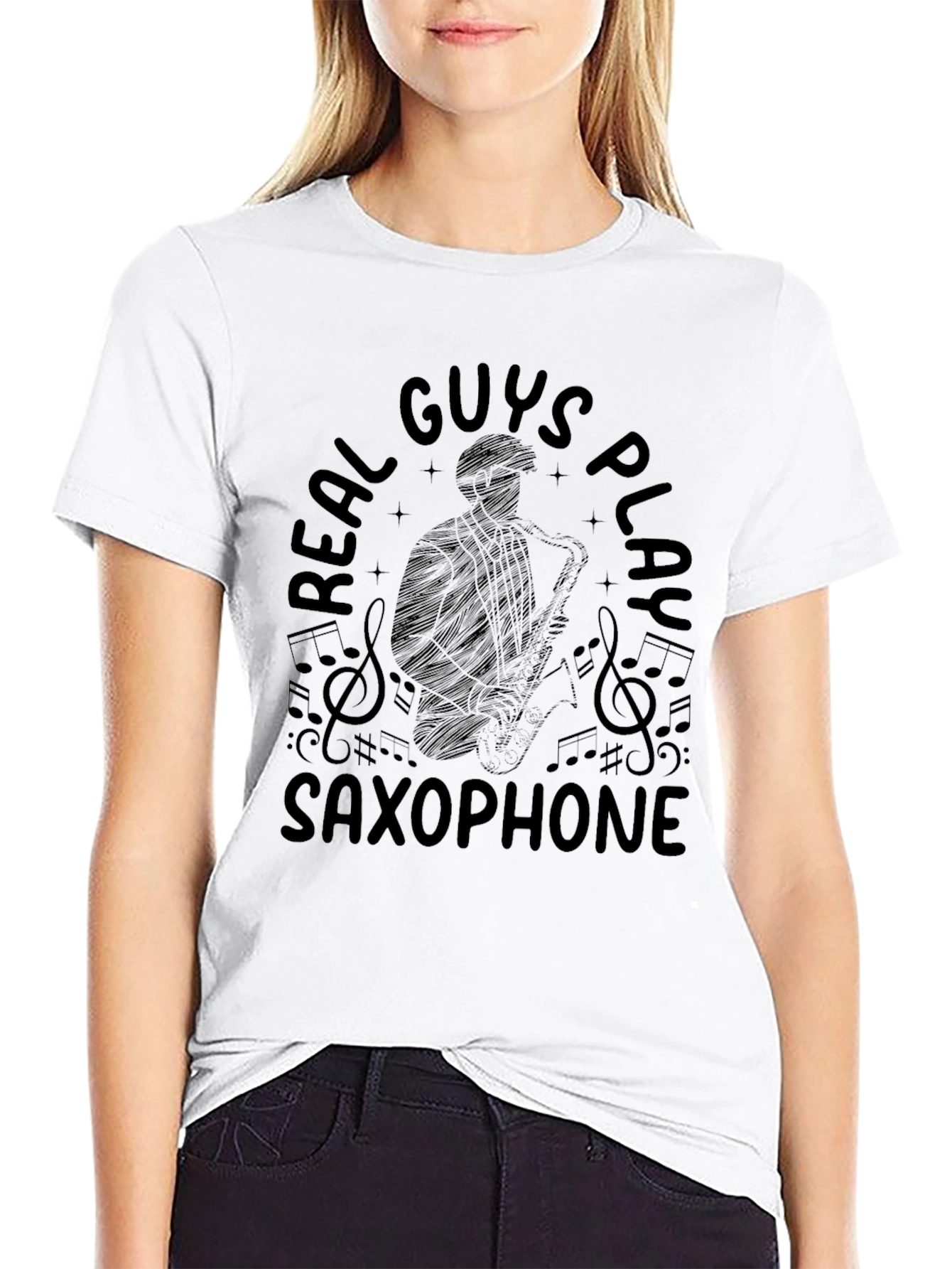 Real Guys Play Saxophone Black Graphic T-Shirt