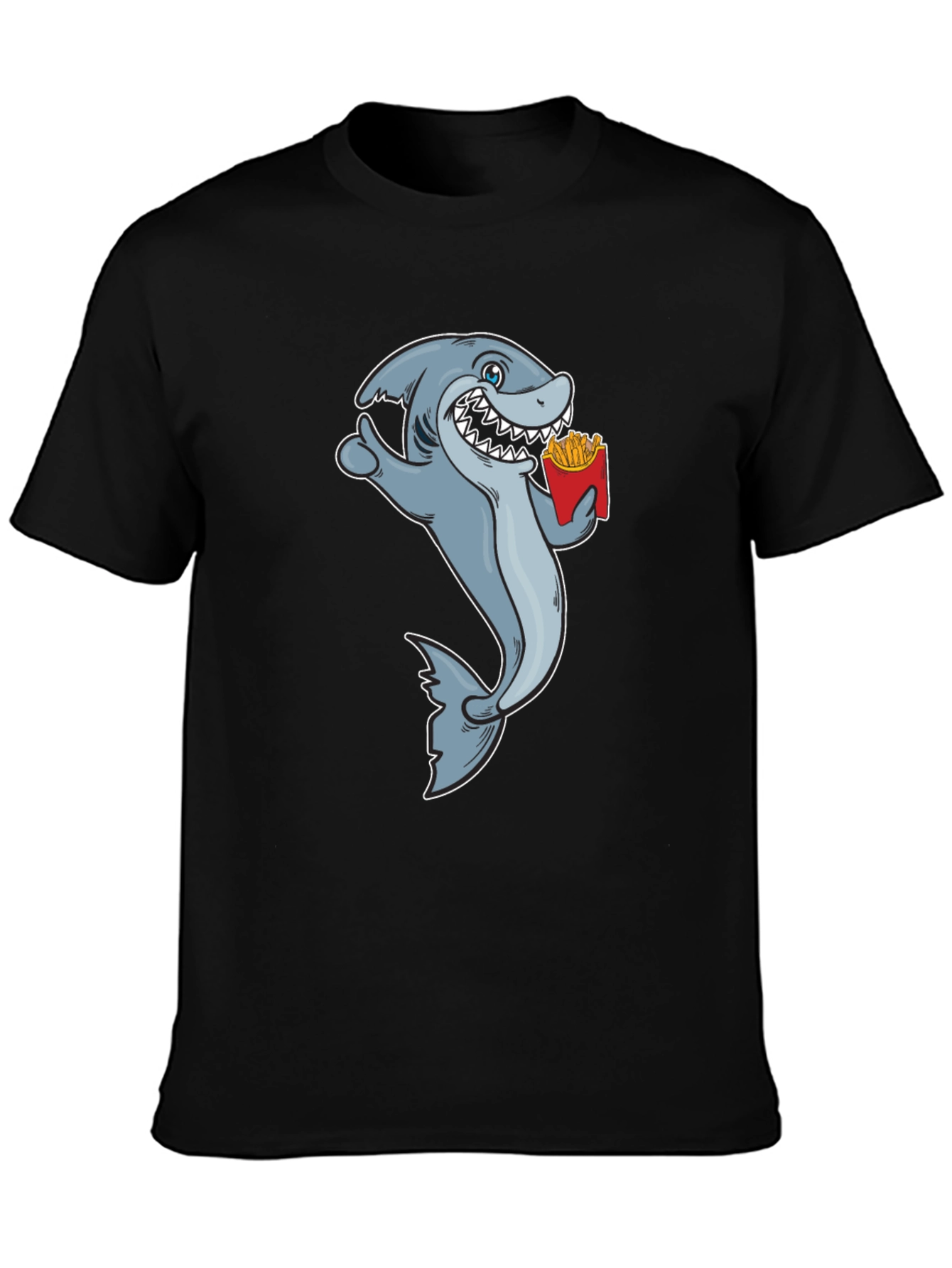 Shark Eating Fries Graphic Tee - Black Cotton T-Shirt