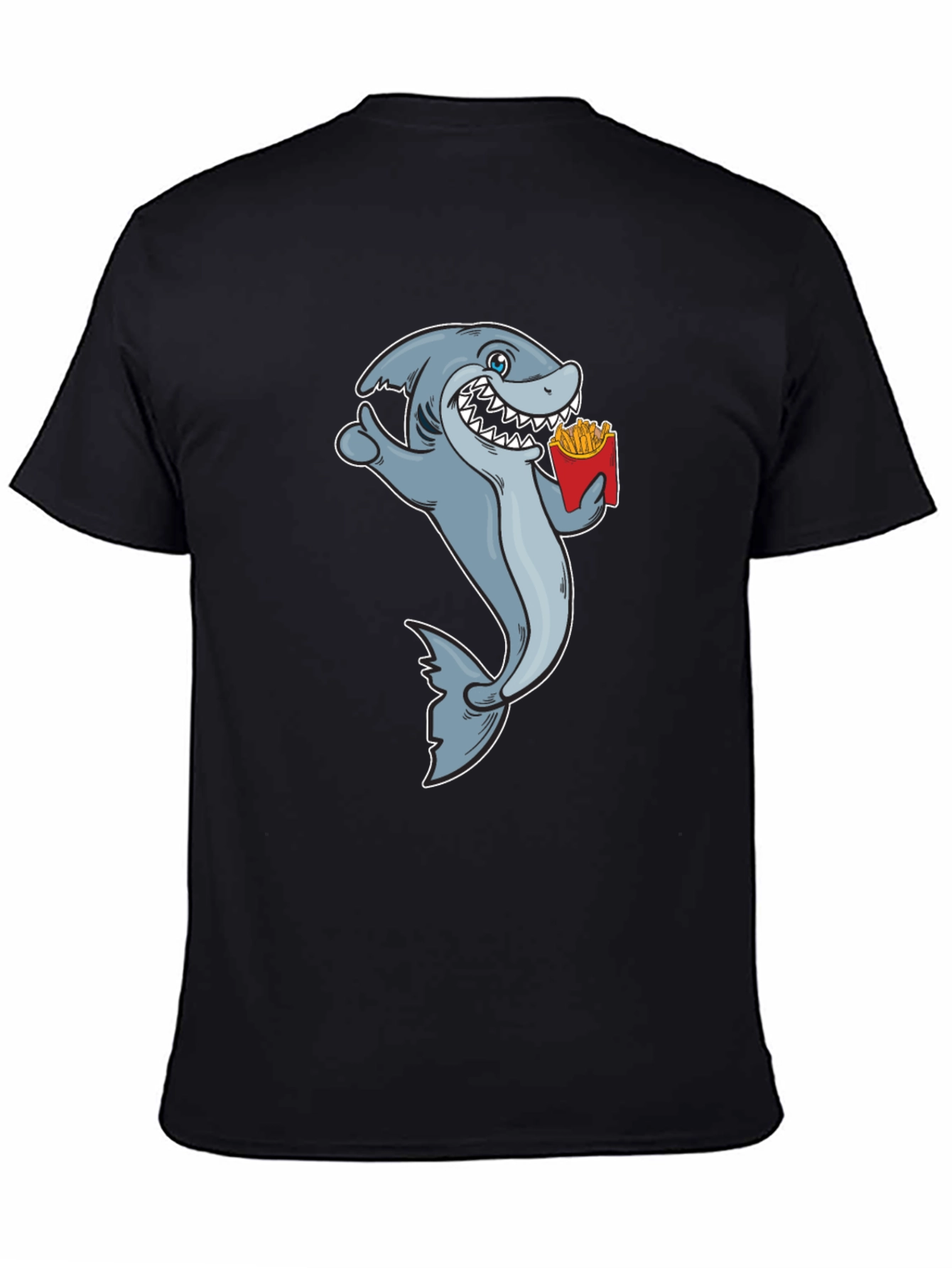 Shark Eating Fries Graphic Tee - Black Cotton T-Shirt