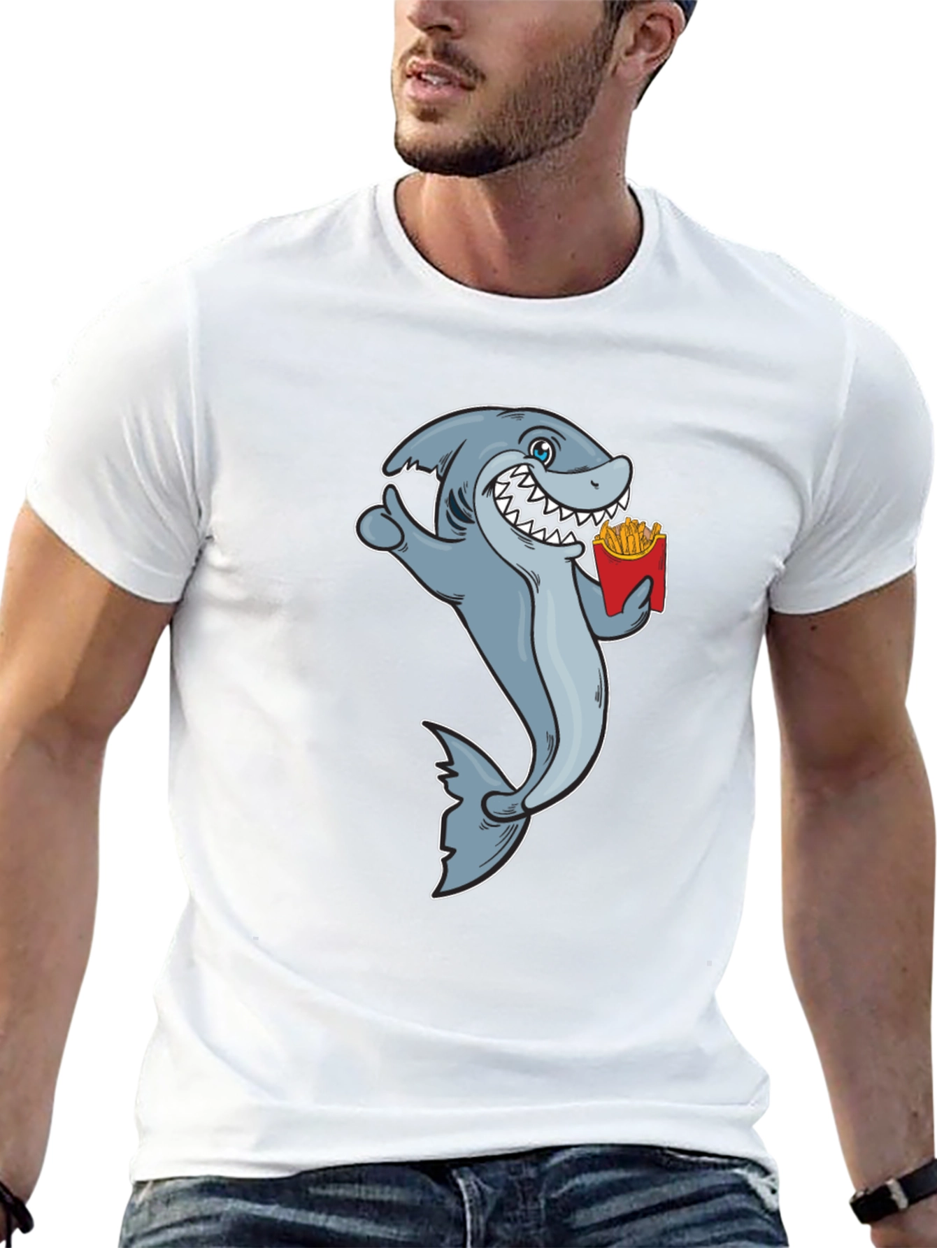 Shark Eating Fries Graphic Tee - Black Cotton T-Shirt