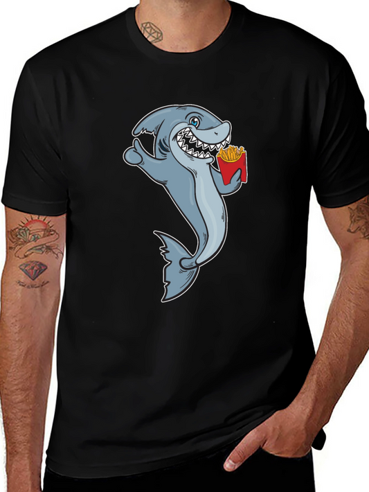 Shark Eating Fries Graphic Tee - Black Cotton T-Shirt