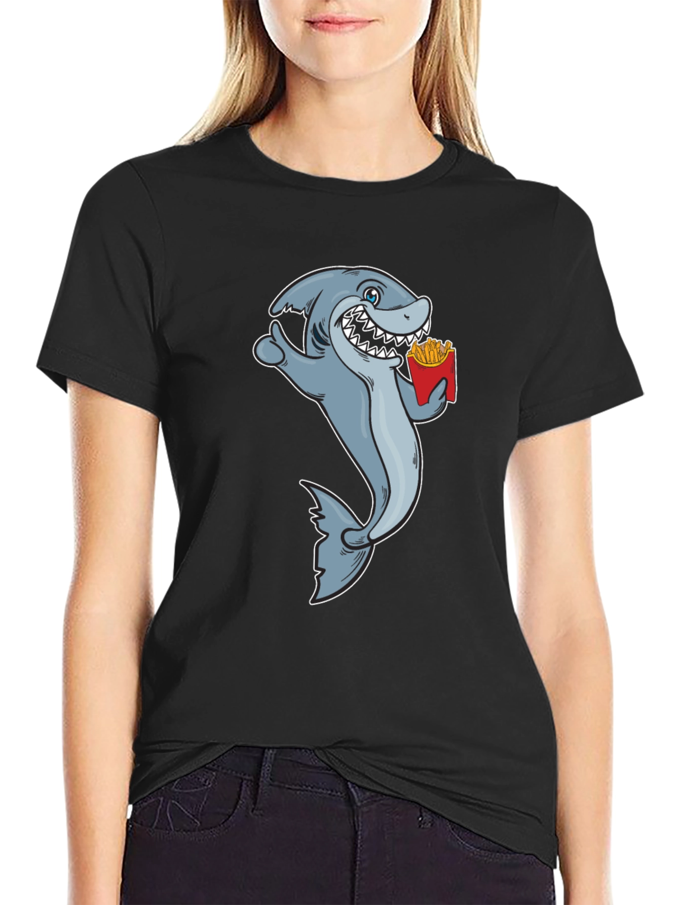 Shark Eating Fries Graphic Tee - Black Cotton T-Shirt