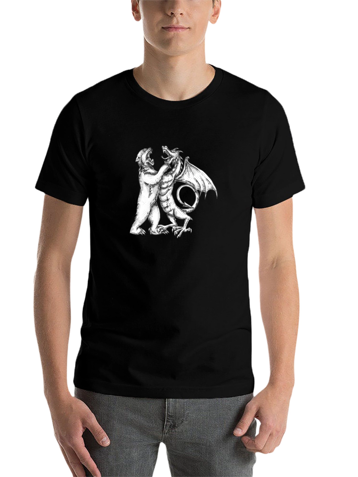 Bear vs Dragon Graphic Tee - Black Cotton Blend
