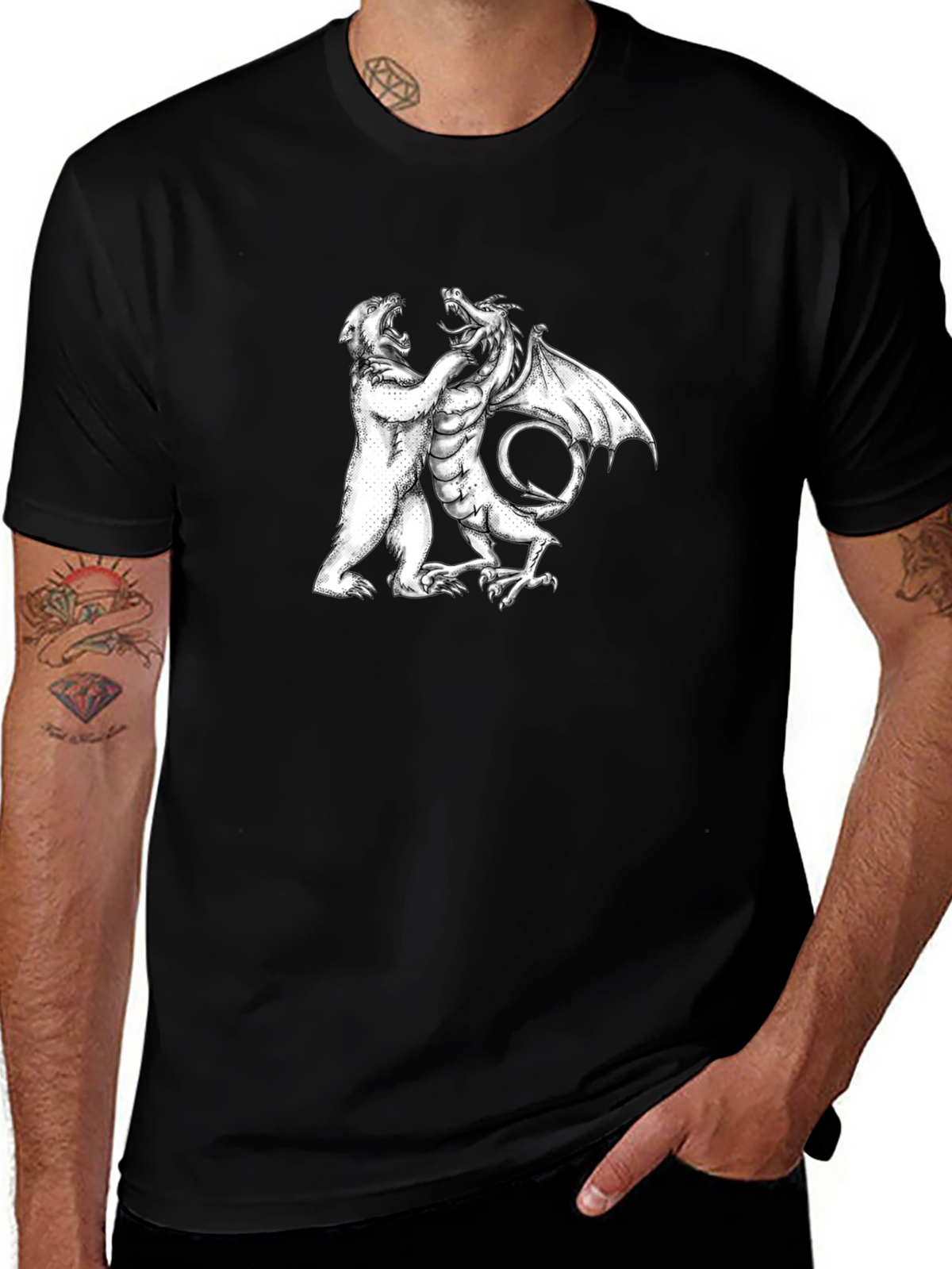 Bear vs Dragon Graphic Tee - Black Cotton Blend