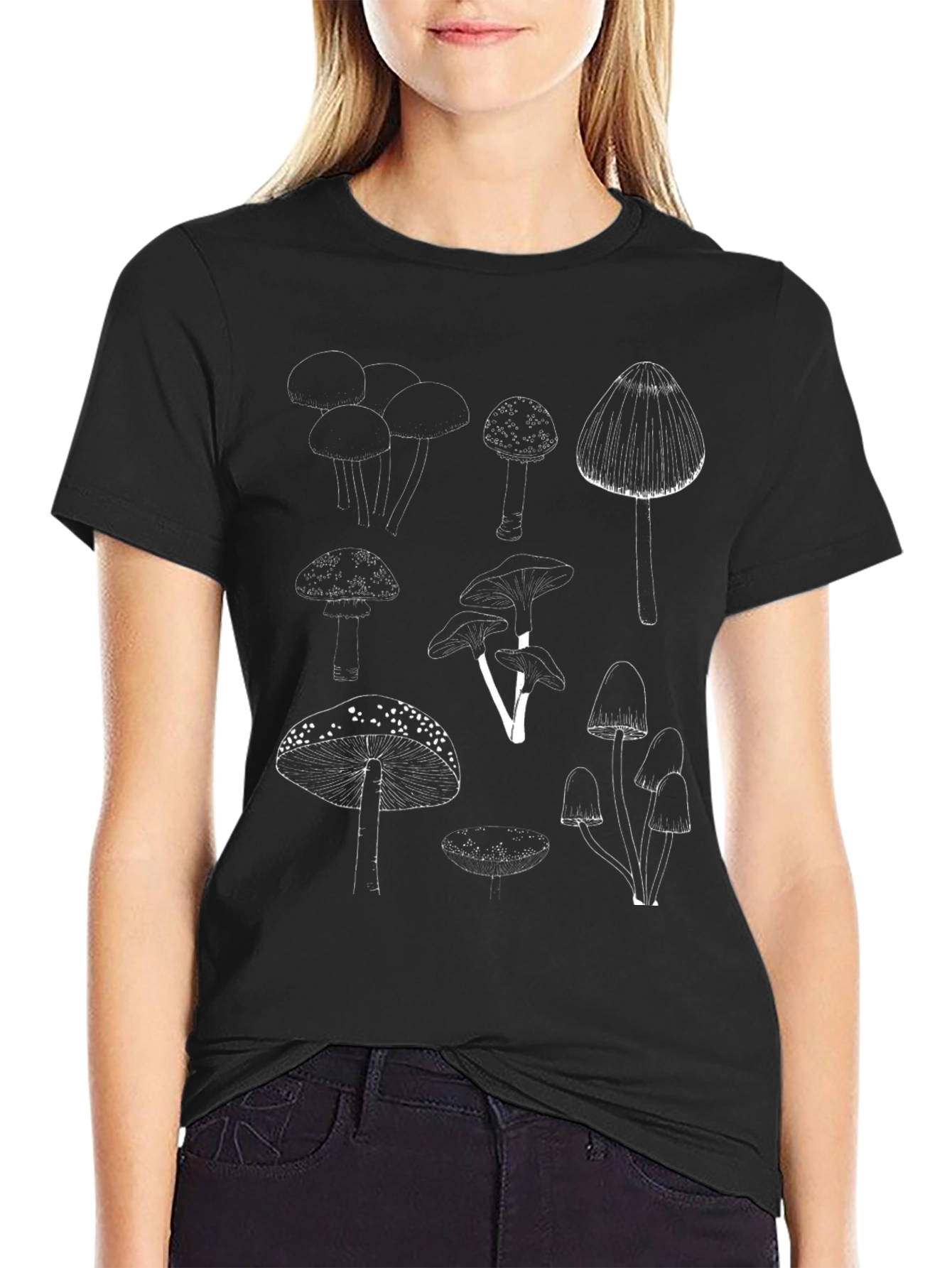 Mushroom Print Black T-Shirt - Unique Design