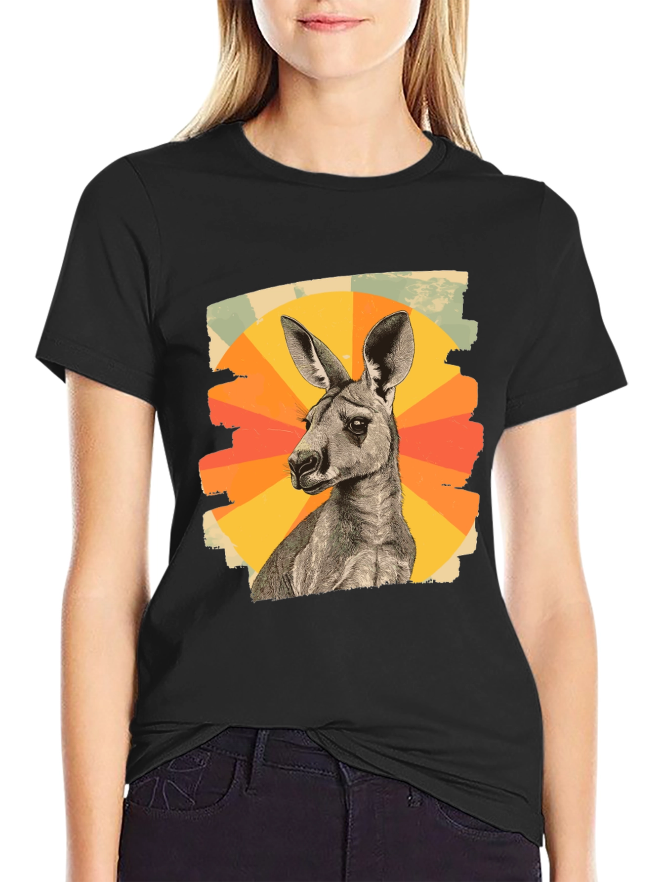Retro Kangaroo Graphic Tee - Black Cotton Blend