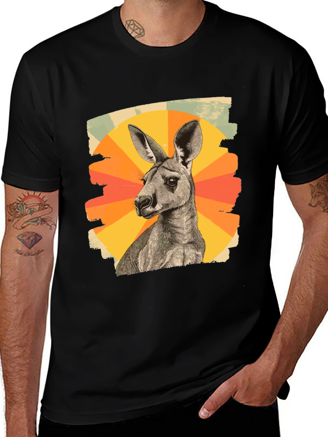 Retro Kangaroo Graphic Tee - Black Cotton Blend