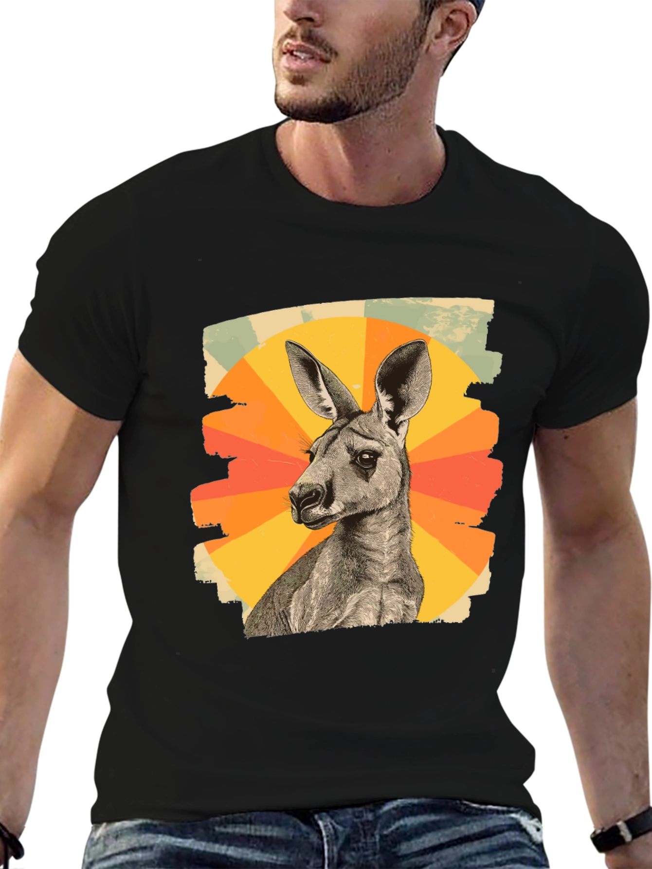 Retro Kangaroo Graphic Tee - Black Cotton Blend