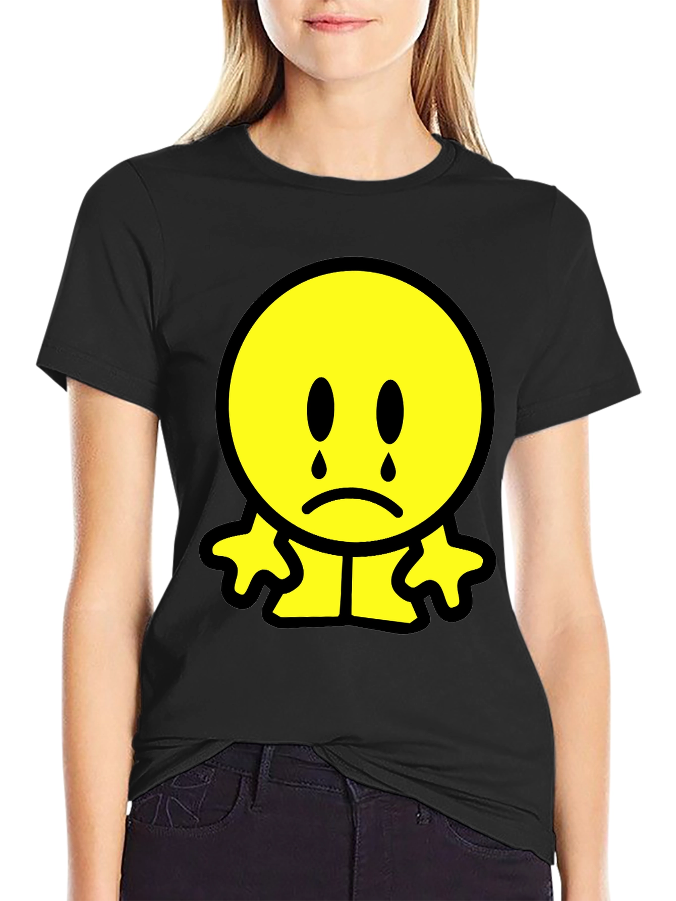 Sad Emoji Graphic T-Shirt - Black