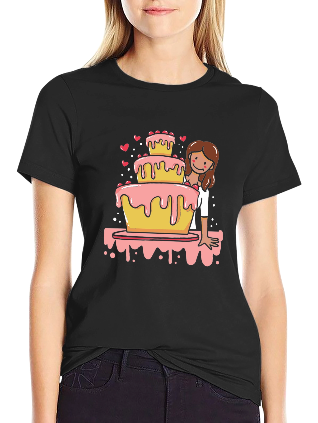 Sweet Celebration Tee: Cake & Cartoon Girl Design