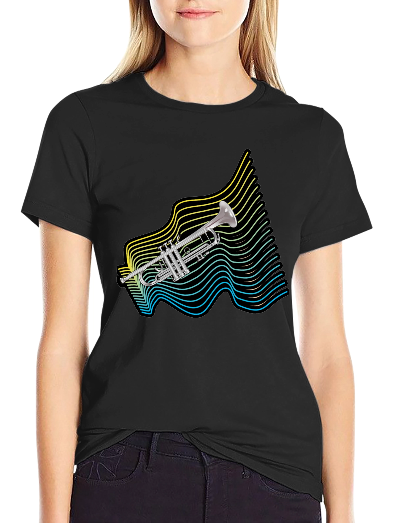 Retro Trumpet Wave Graphic T-Shirt - Black