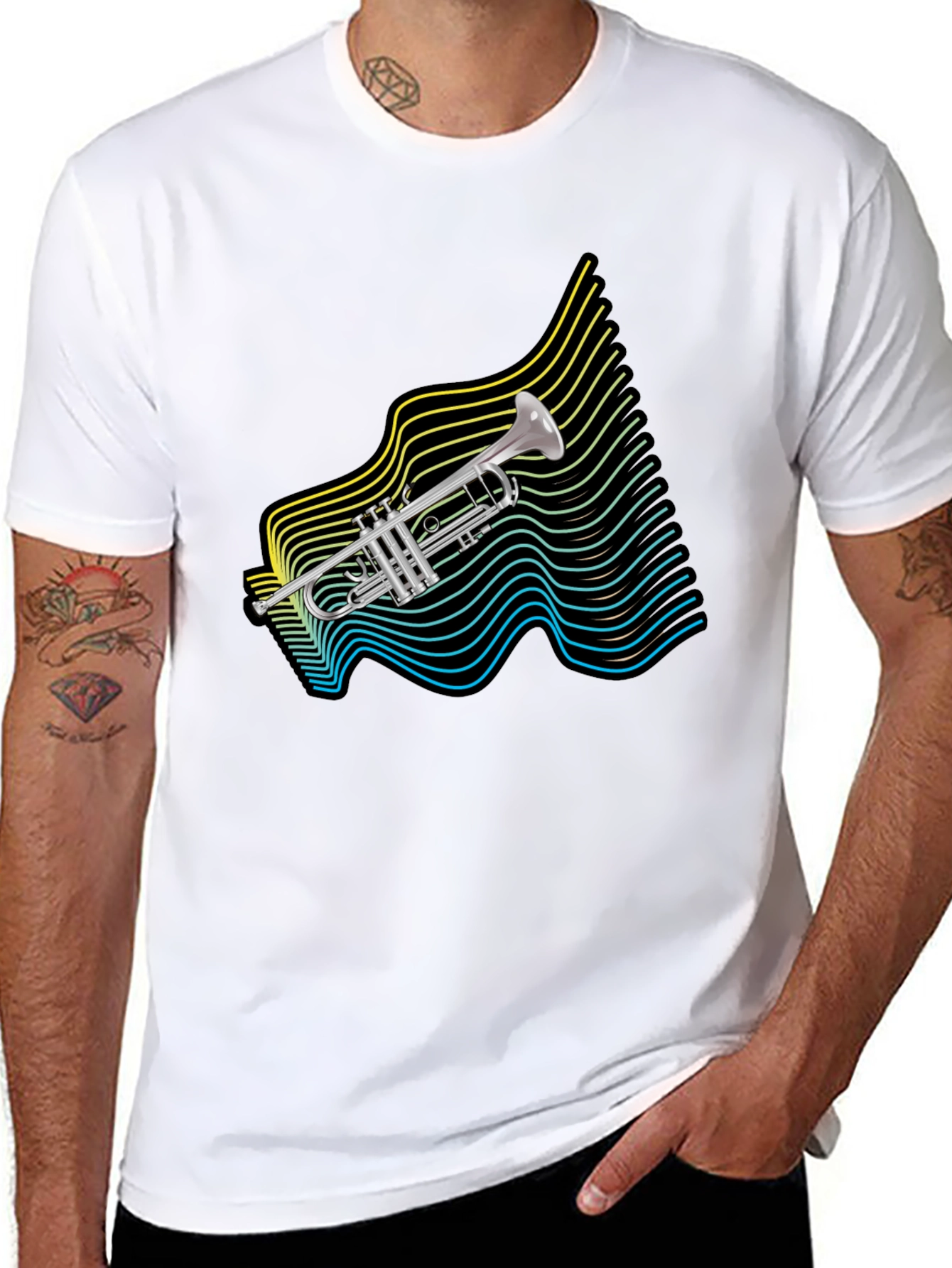 Retro Trumpet Wave Graphic T-Shirt - Black