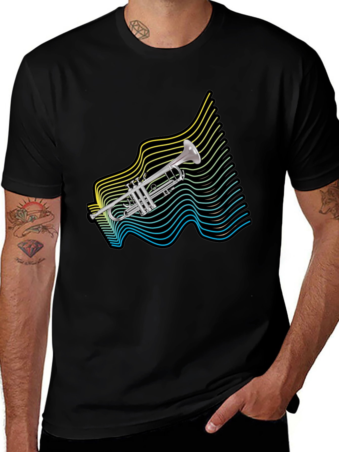 Retro Trumpet Wave Graphic T-Shirt - Black