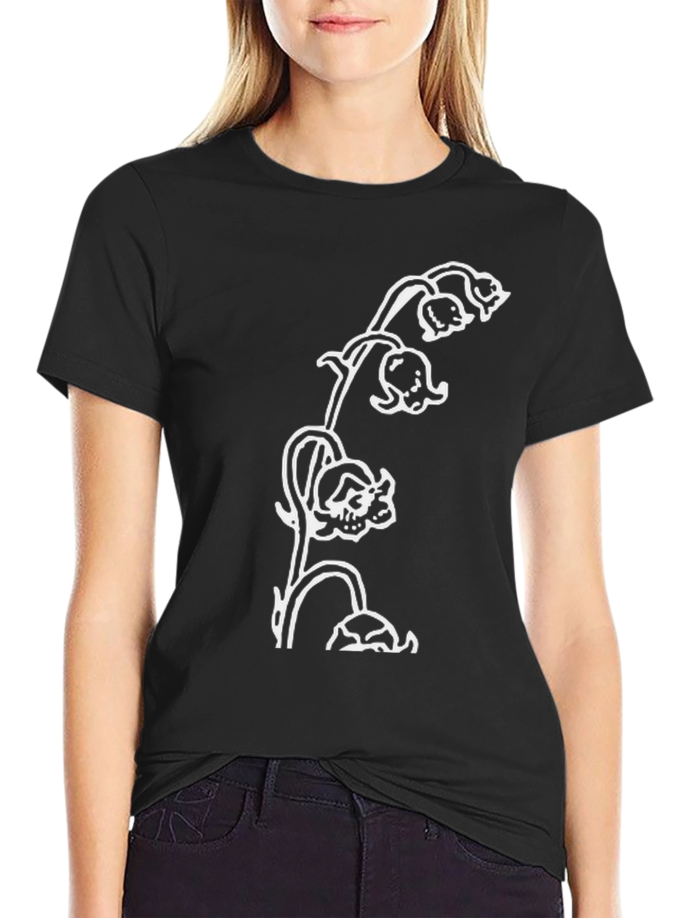 Skull Lily Graphic Tee - Black Casual T-Shirt