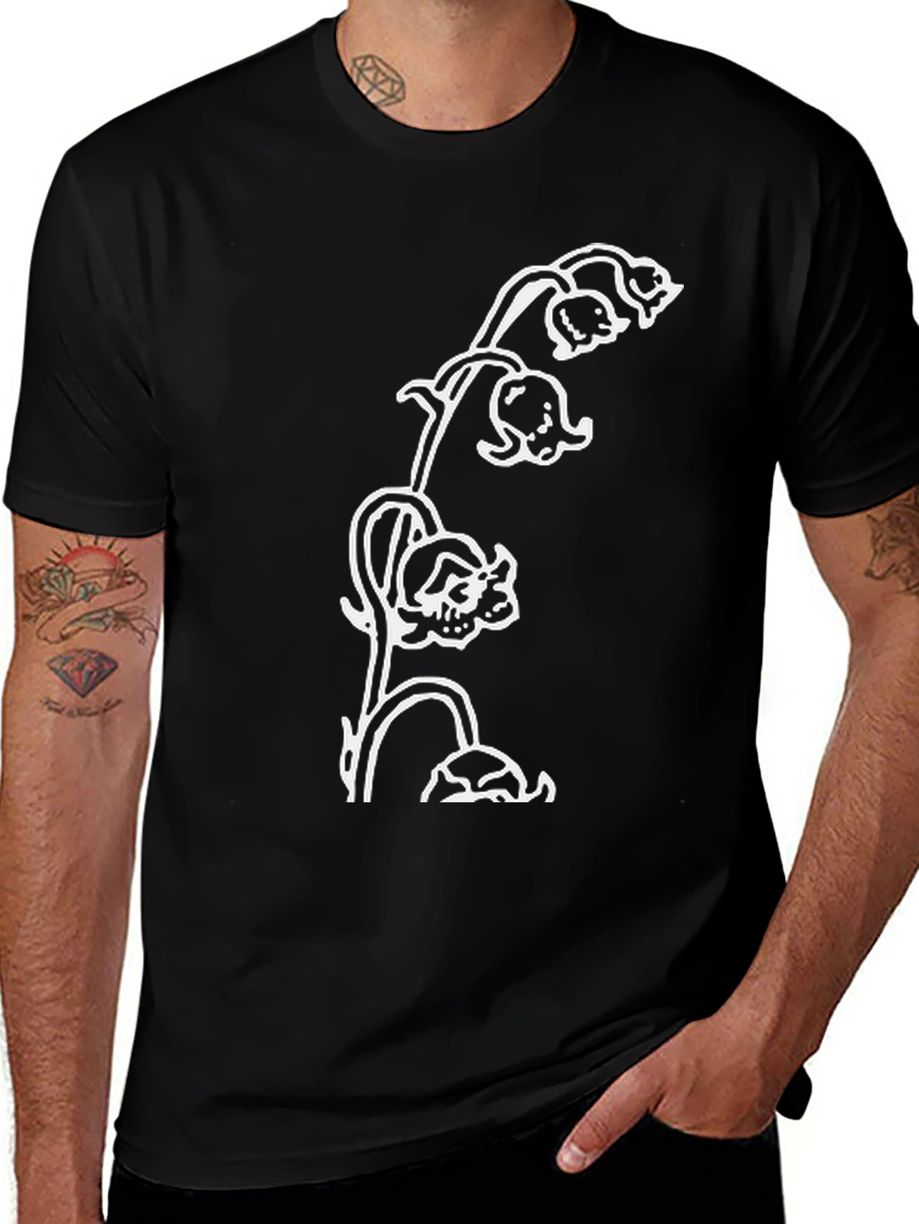 Skull Lily Graphic Tee - Black Casual T-Shirt