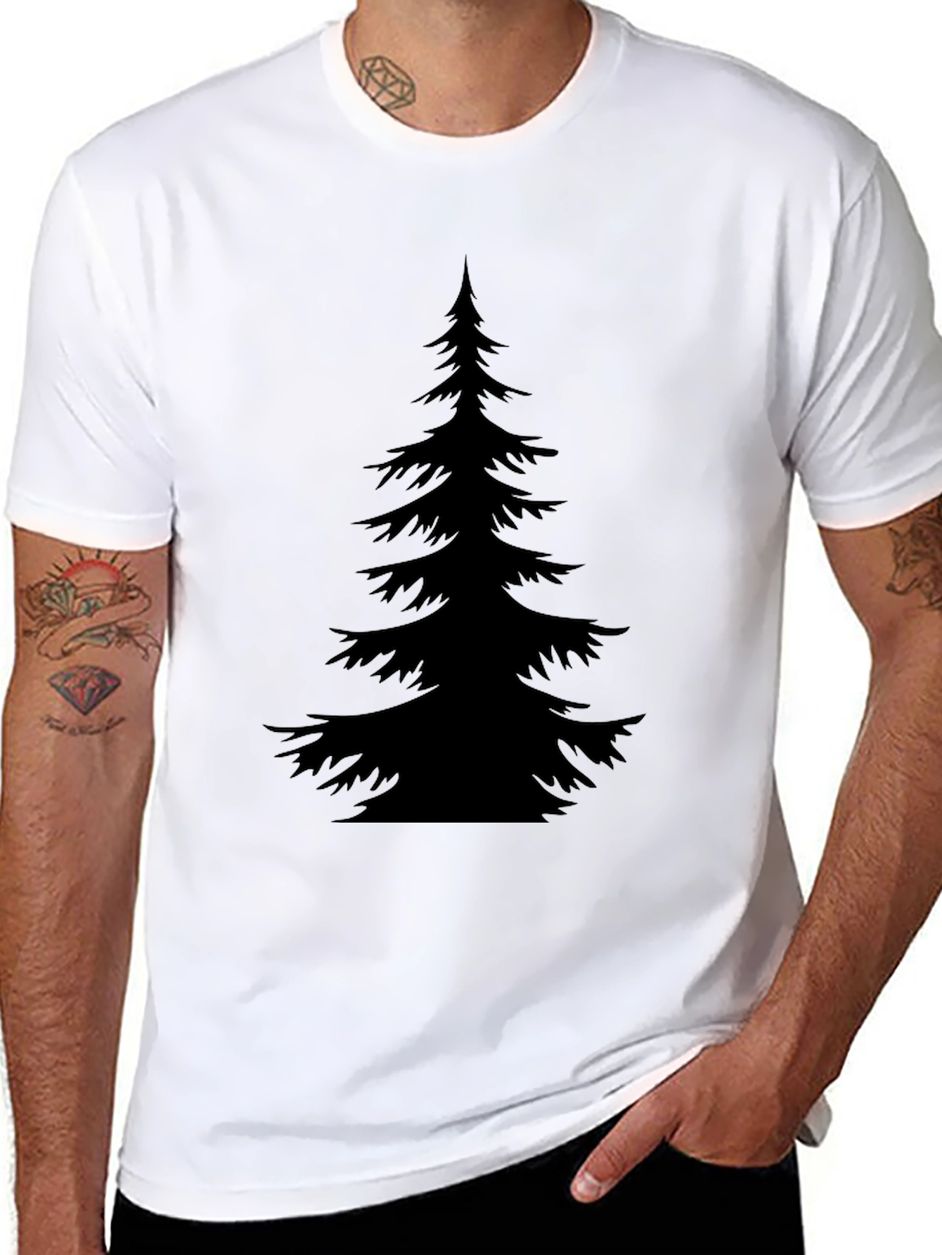 Mens Black T-Shirt with Evergreen Tree Graphic