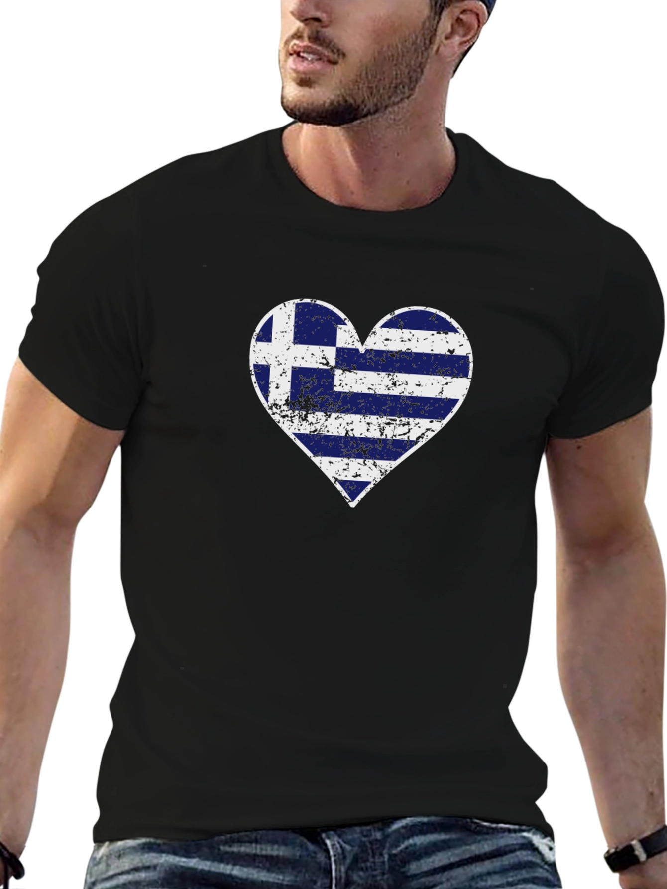 Greek Flag Heart Graphic T-Shirt - Black