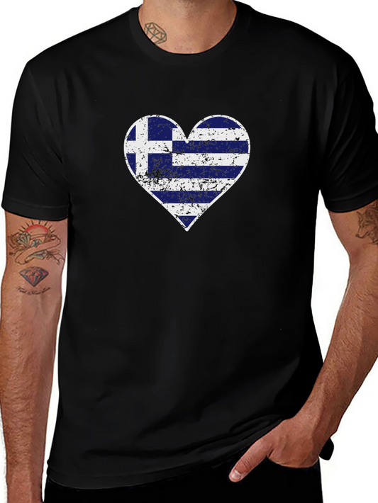 Greek Flag Heart Graphic T-Shirt - Black
