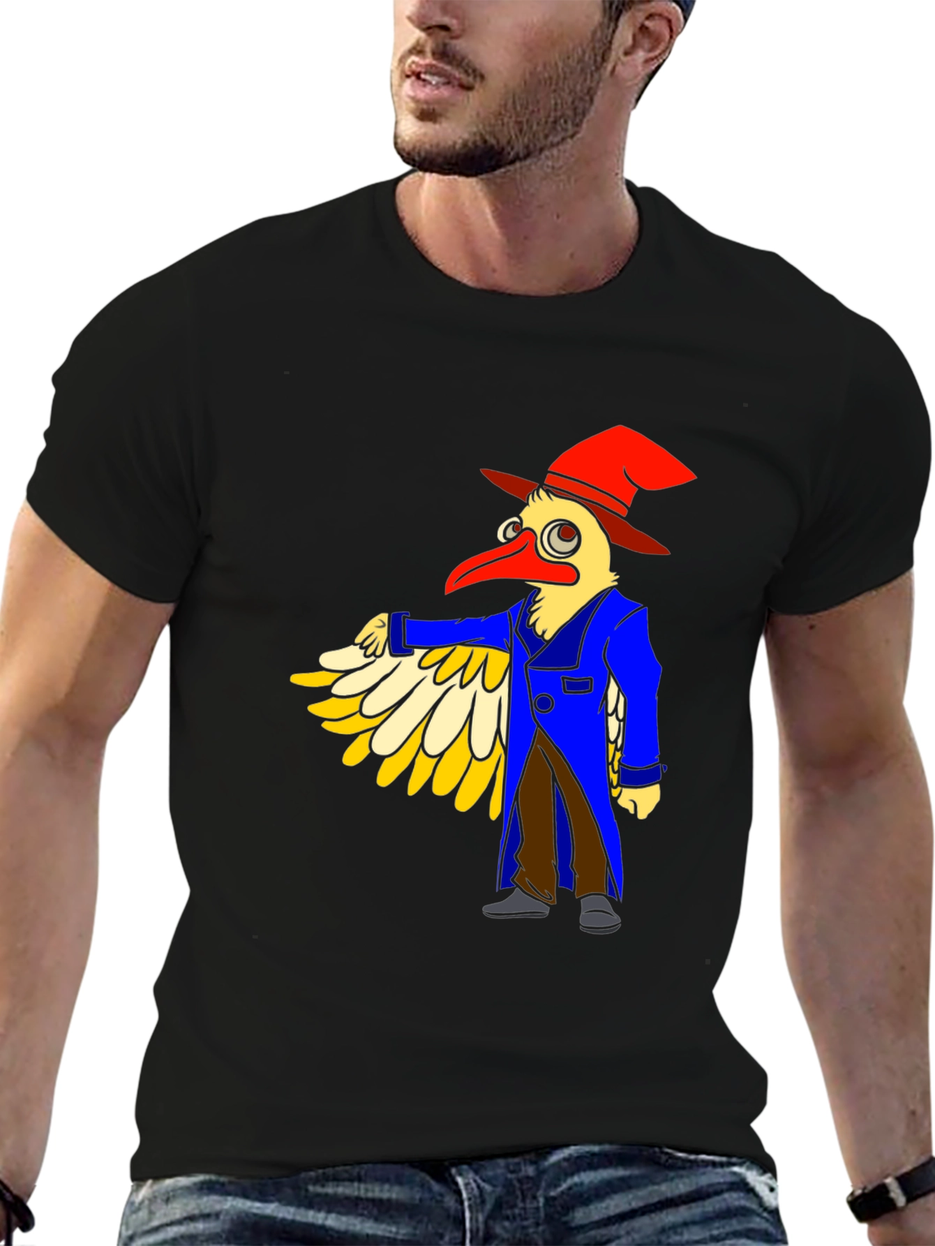 Whimsical Bird Cartoon Graphic Tee - Black