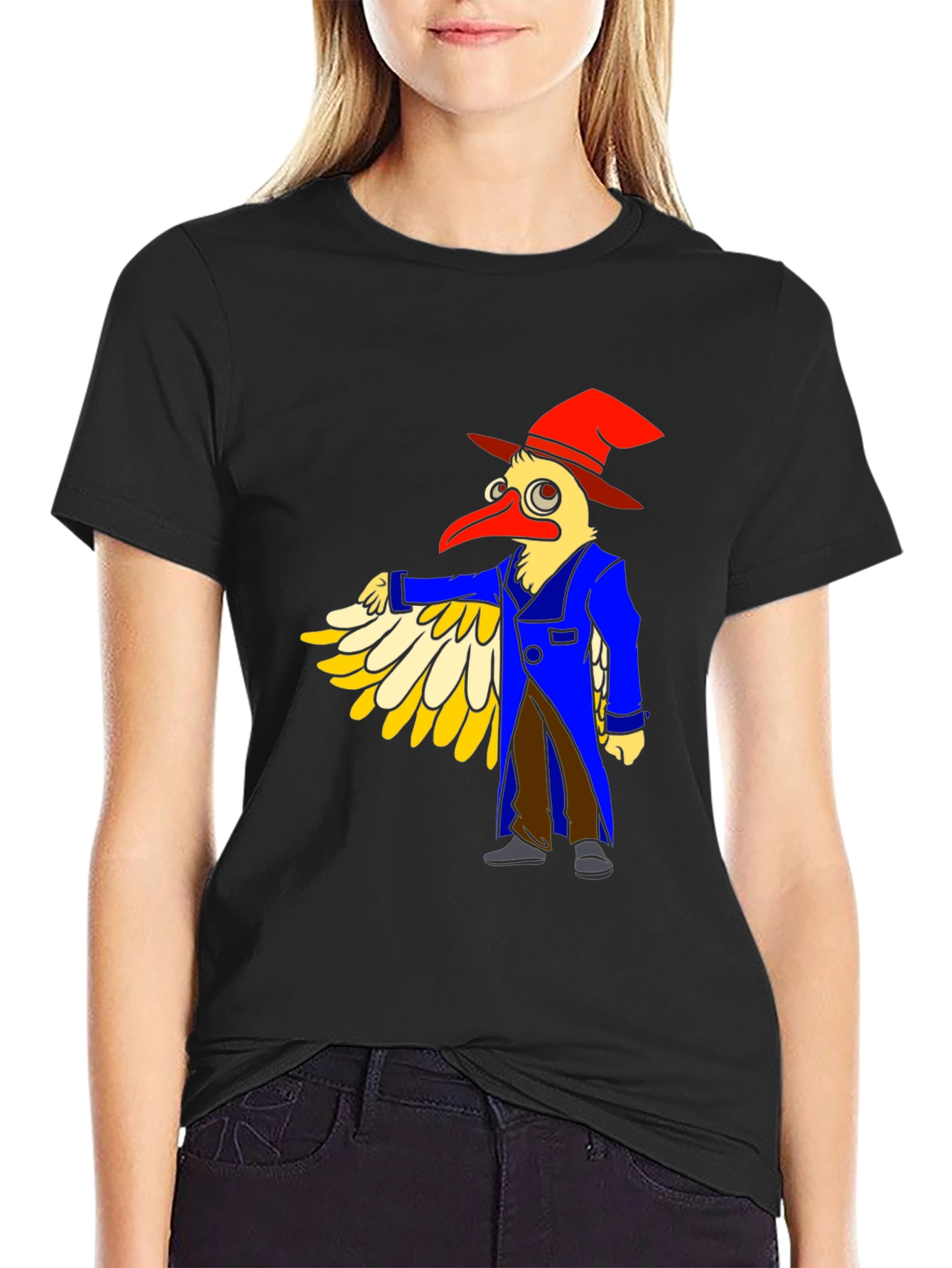 Whimsical Bird Cartoon Graphic Tee - Black