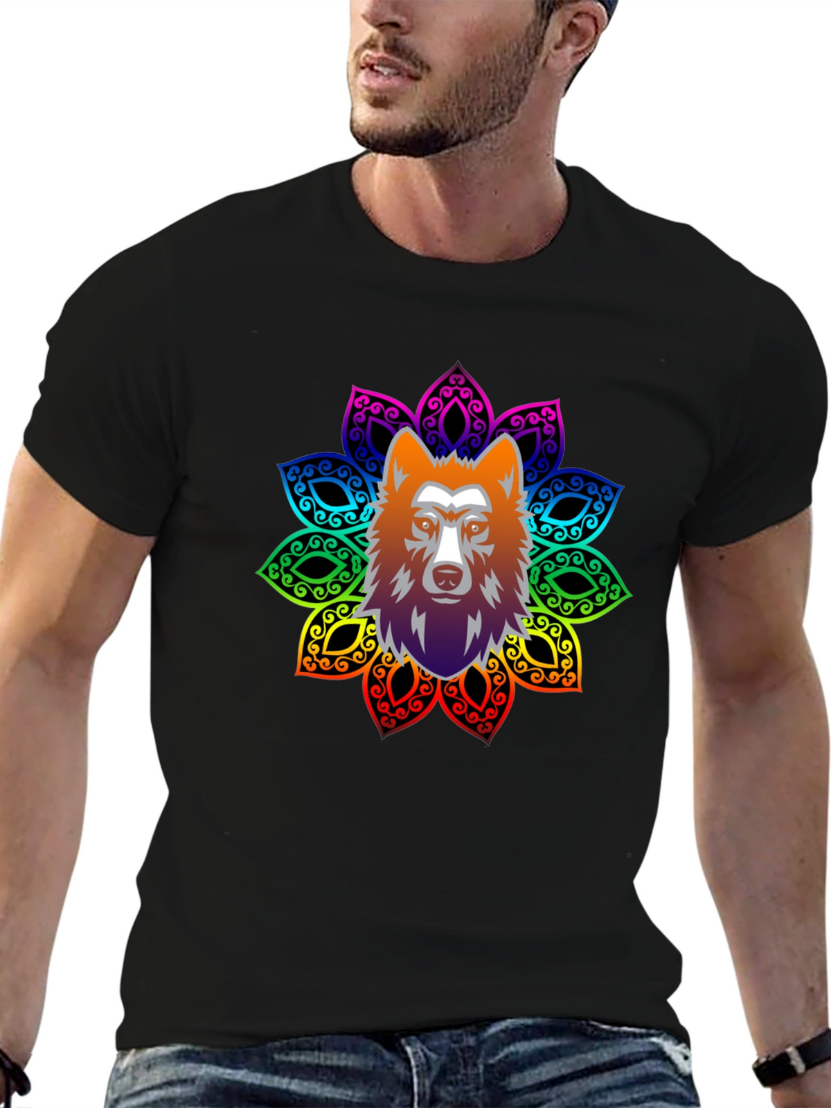 Wolf Mandala Graphic Tee - Black