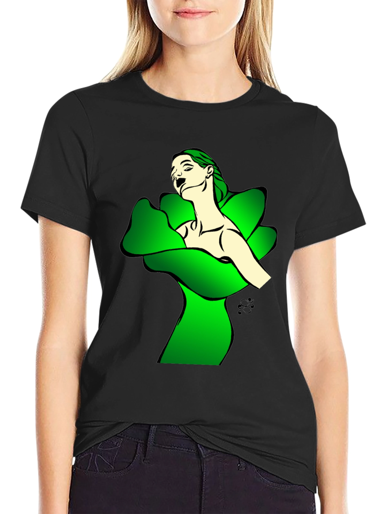 Artistic Woman in Green Petals Black T-Shirt