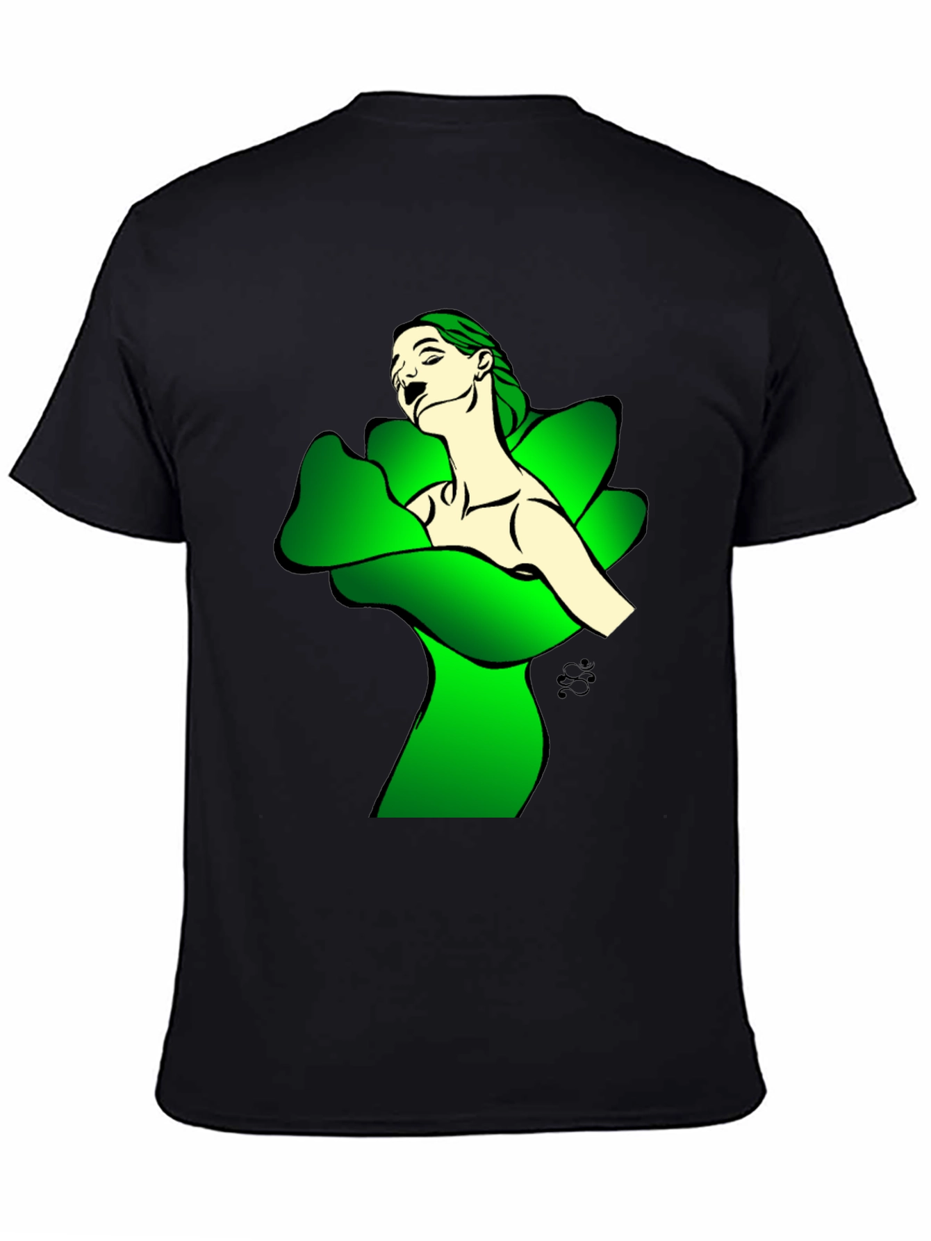Artistic Woman in Green Petals Black T-Shirt