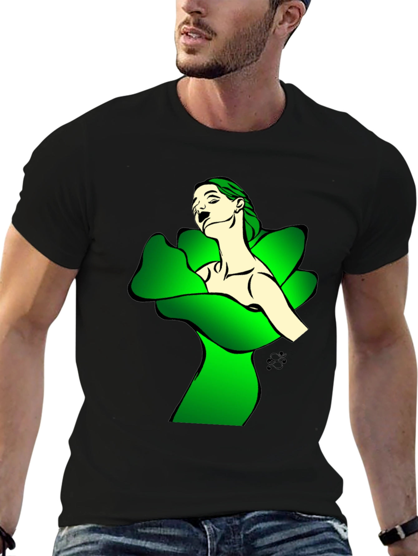 Artistic Woman in Green Petals Black T-Shirt