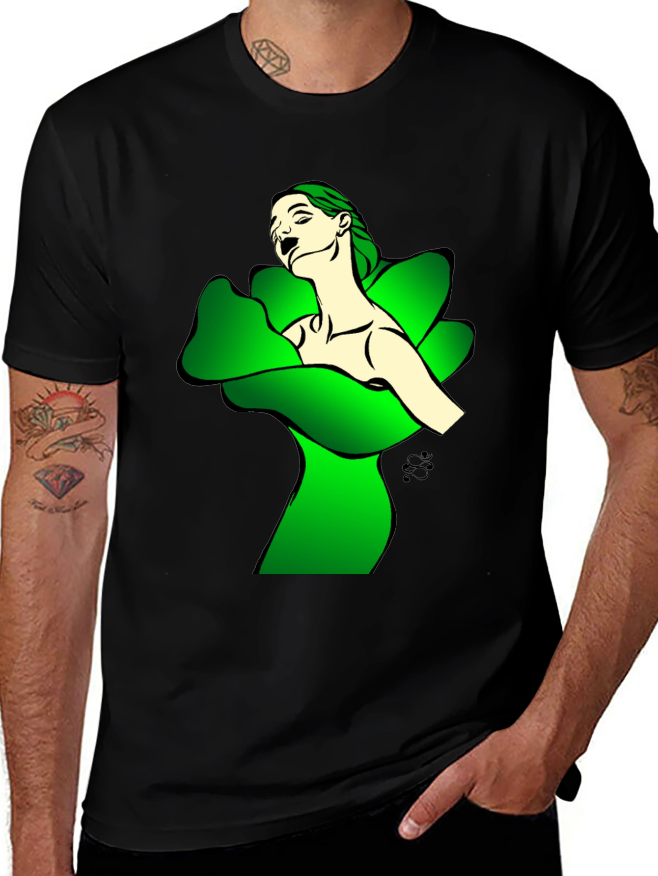 Artistic Woman in Green Petals Black T-Shirt