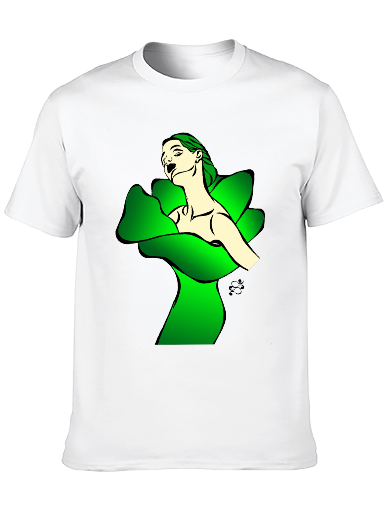 Artistic Woman in Green Petals Black T-Shirt