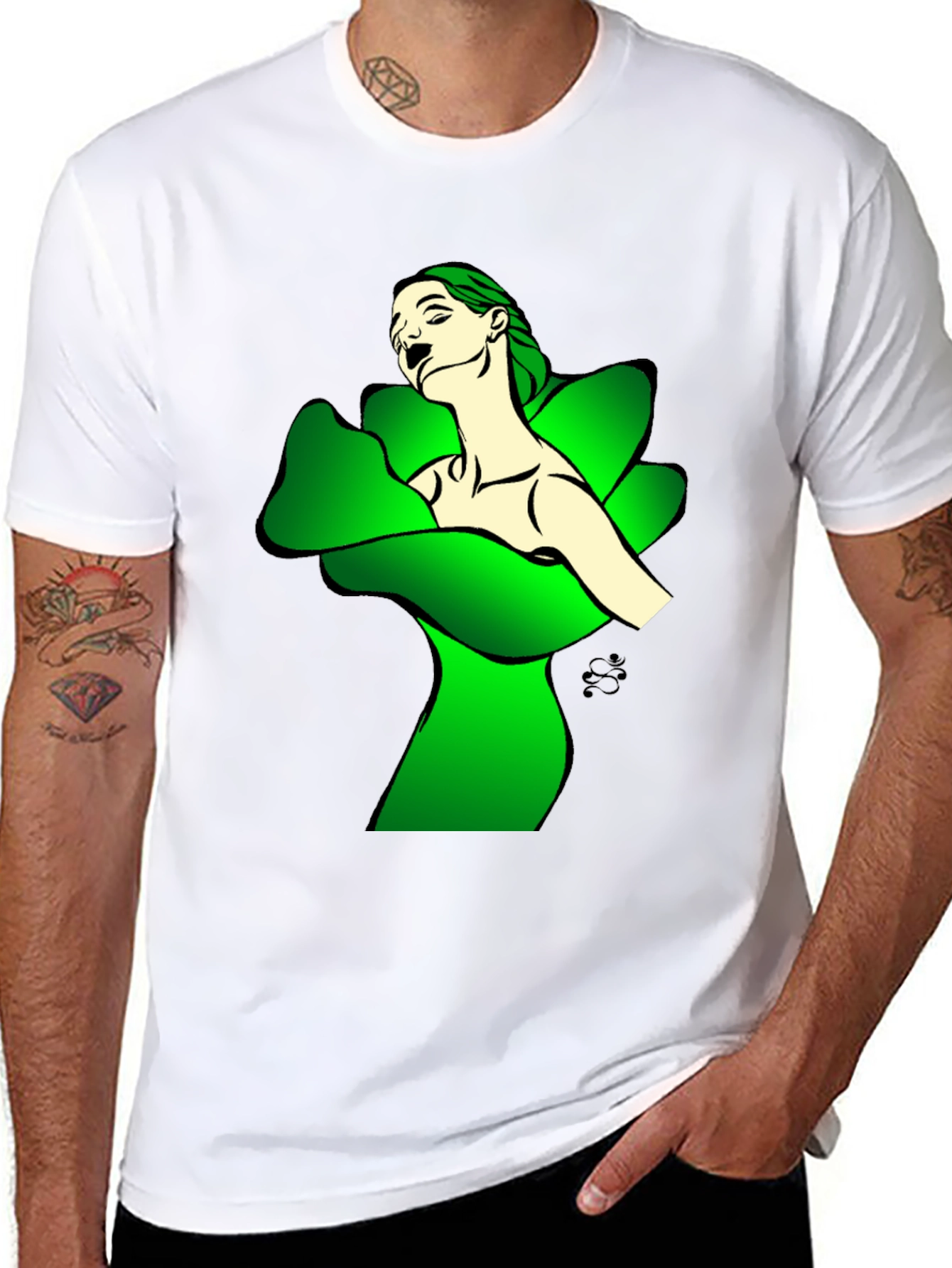 Artistic Woman in Green Petals Black T-Shirt