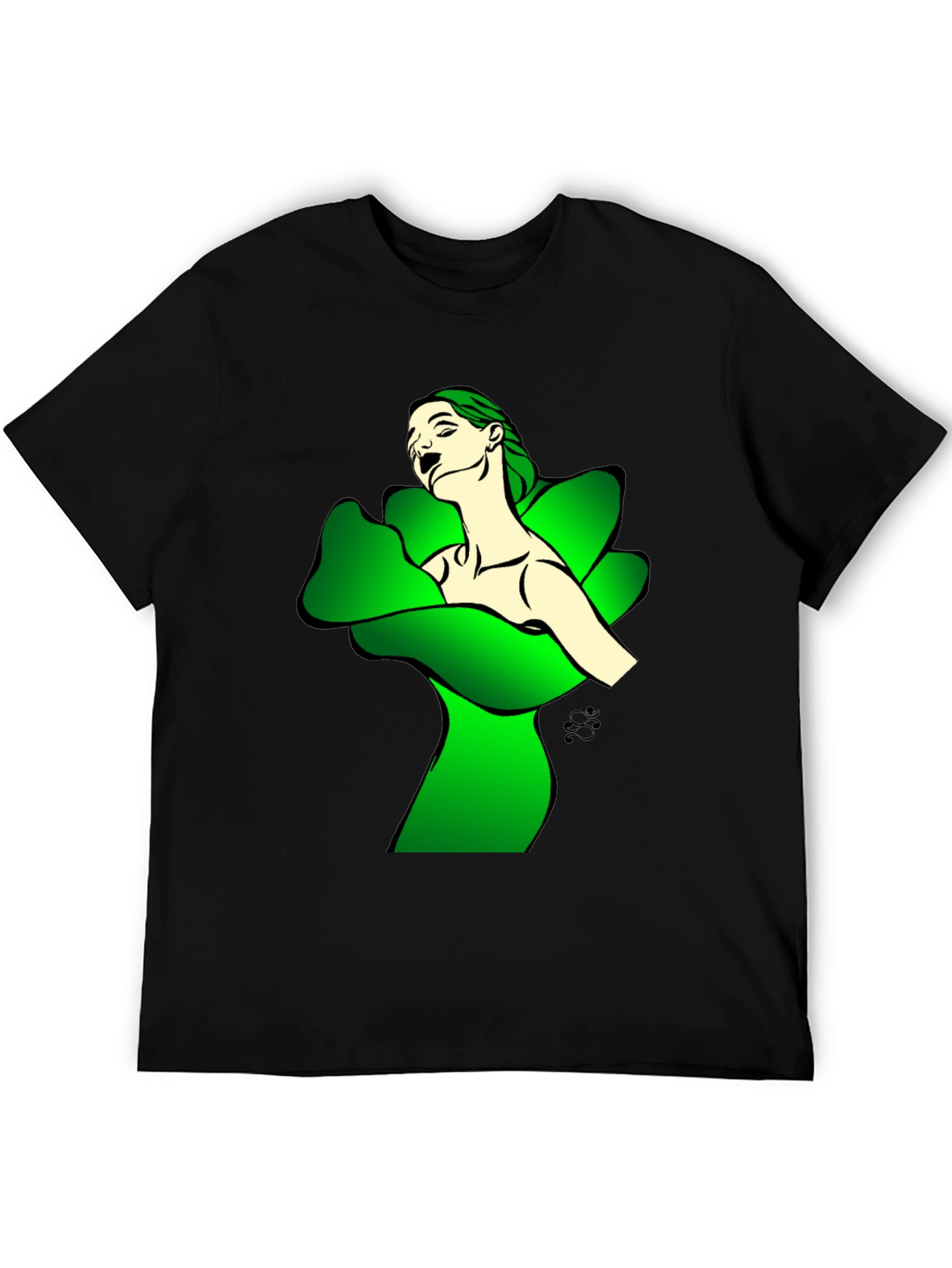 Artistic Woman in Green Petals Black T-Shirt