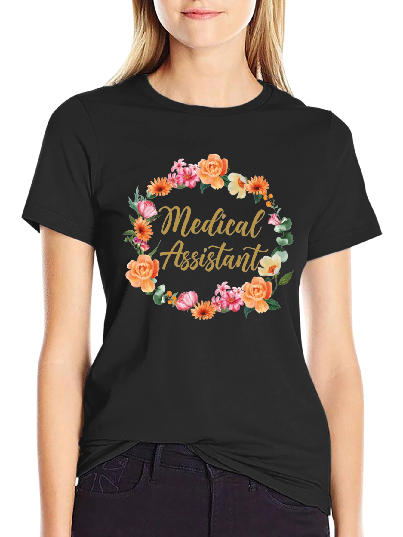 Medical Assistant Floral Wreath Black T-Shirt