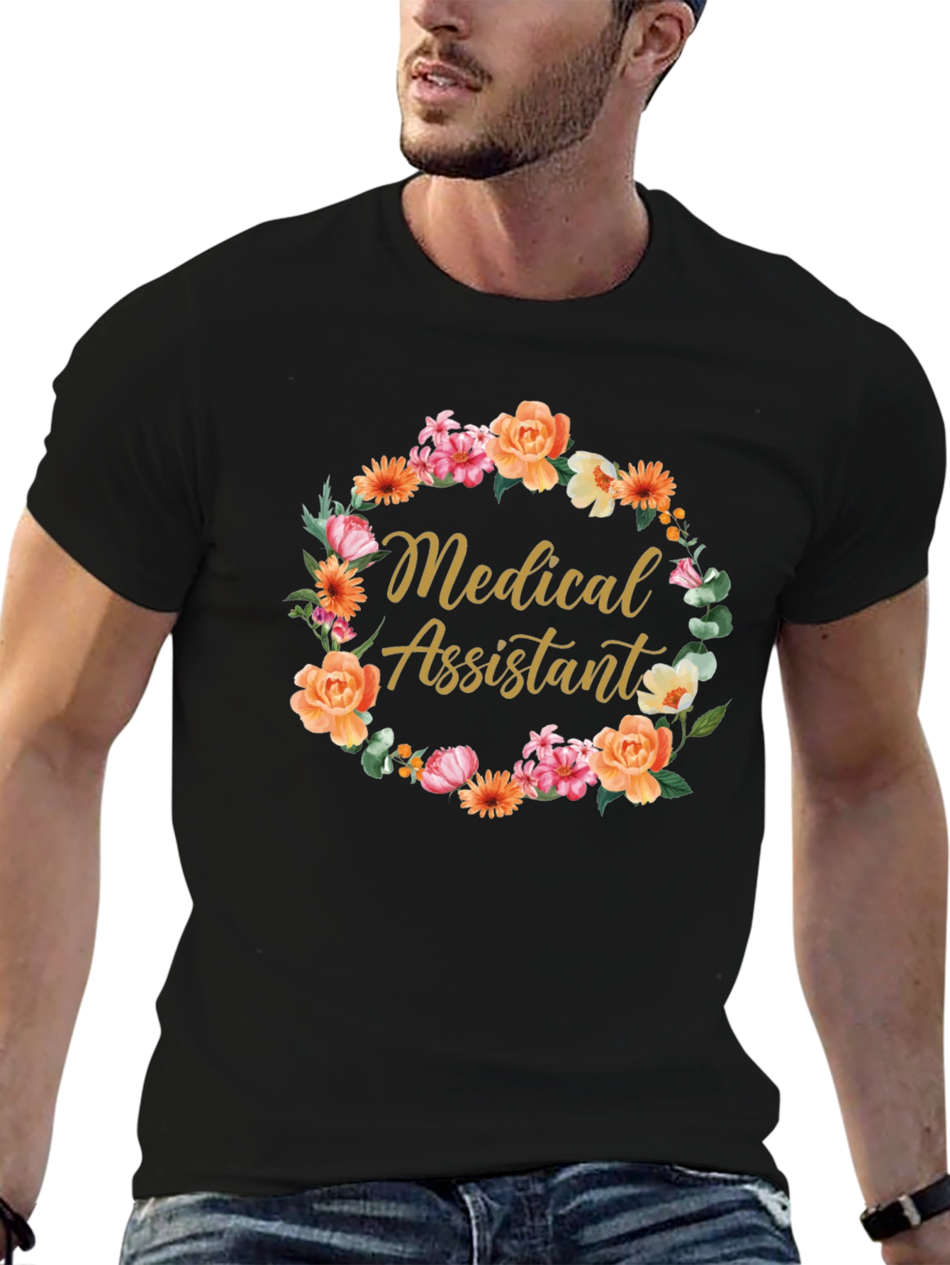 Medical Assistant Floral Wreath Black T-Shirt