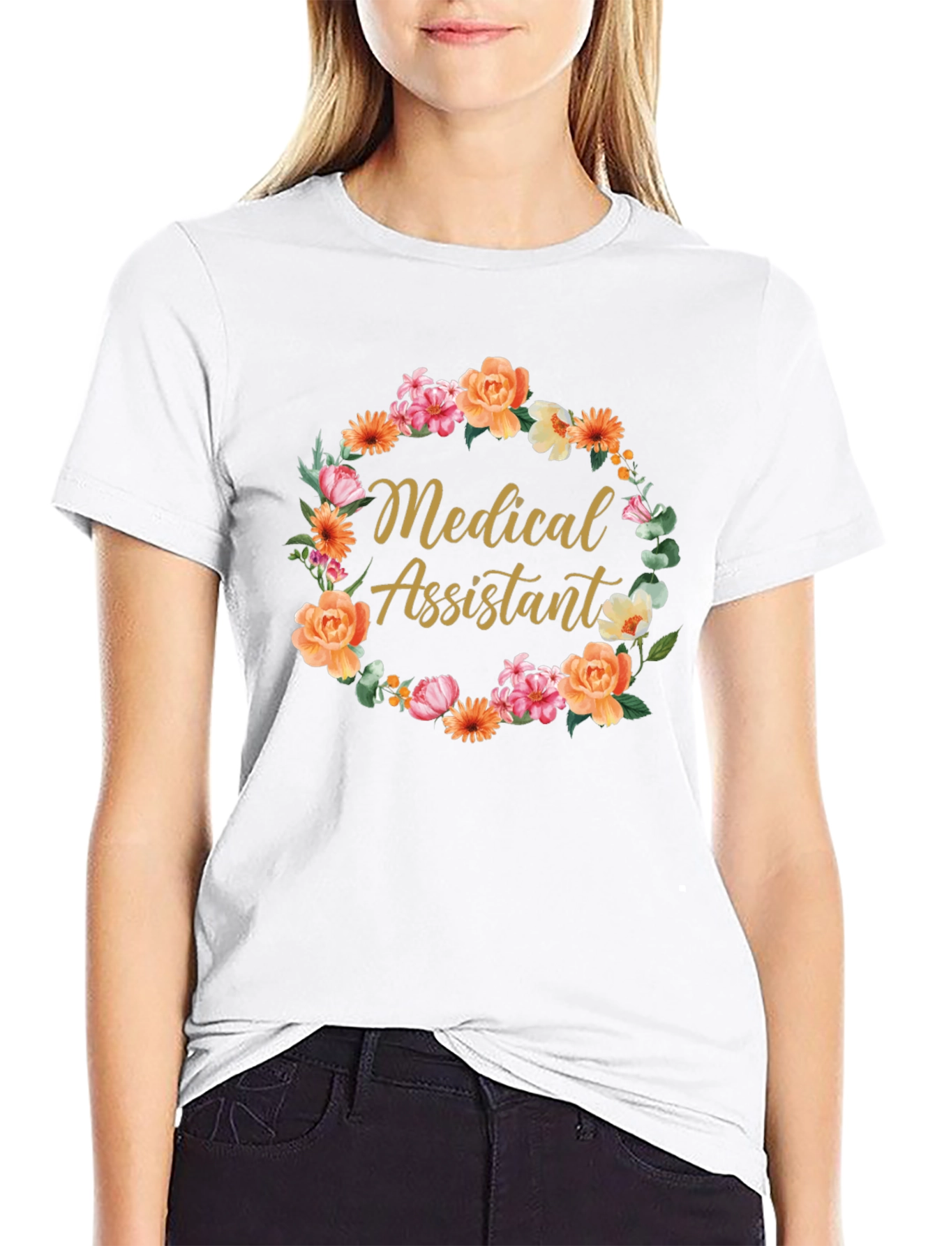 Medical Assistant Floral Wreath Black T-Shirt