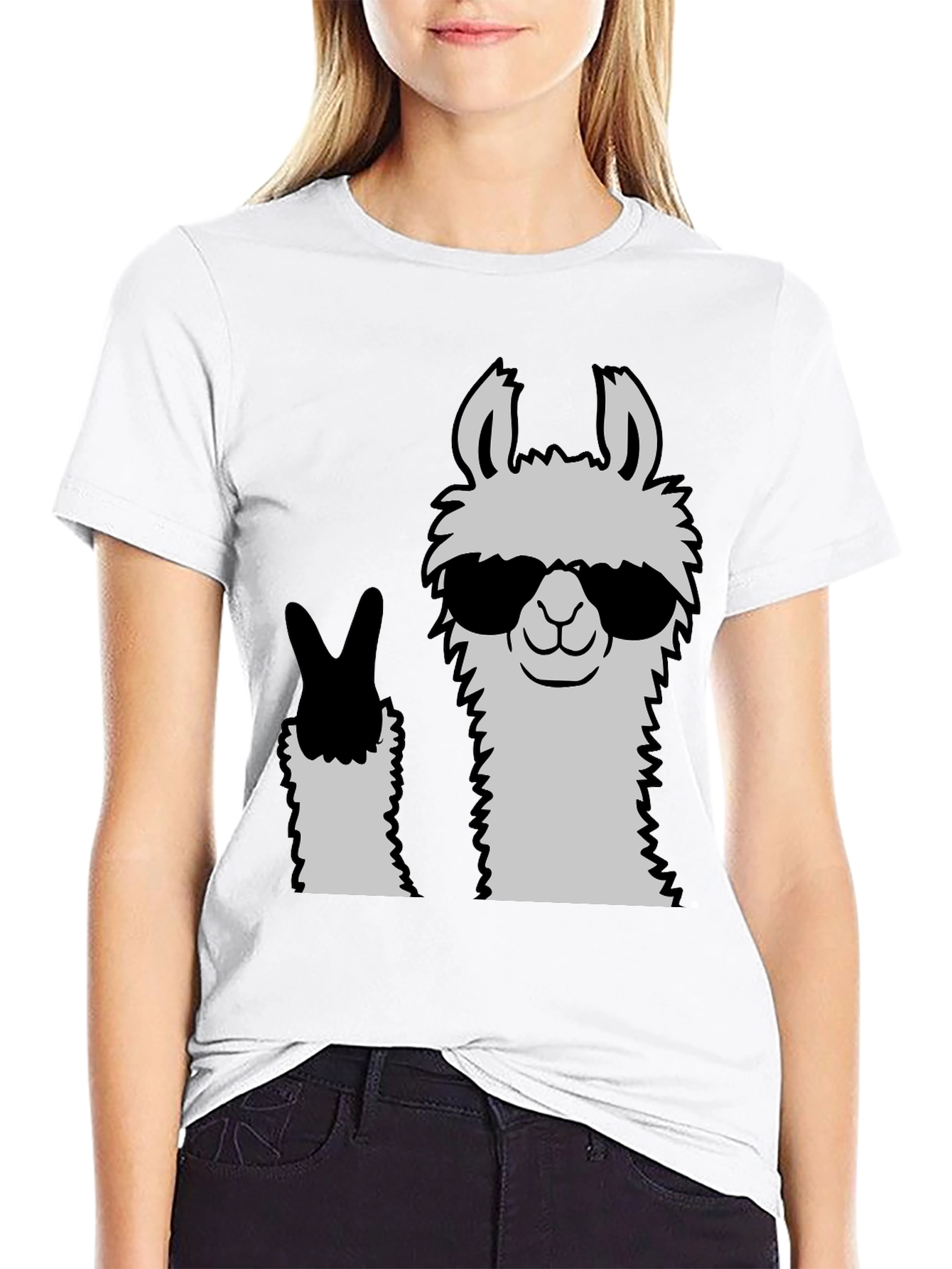 Cool Llama Peace Sign Black T-Shirt