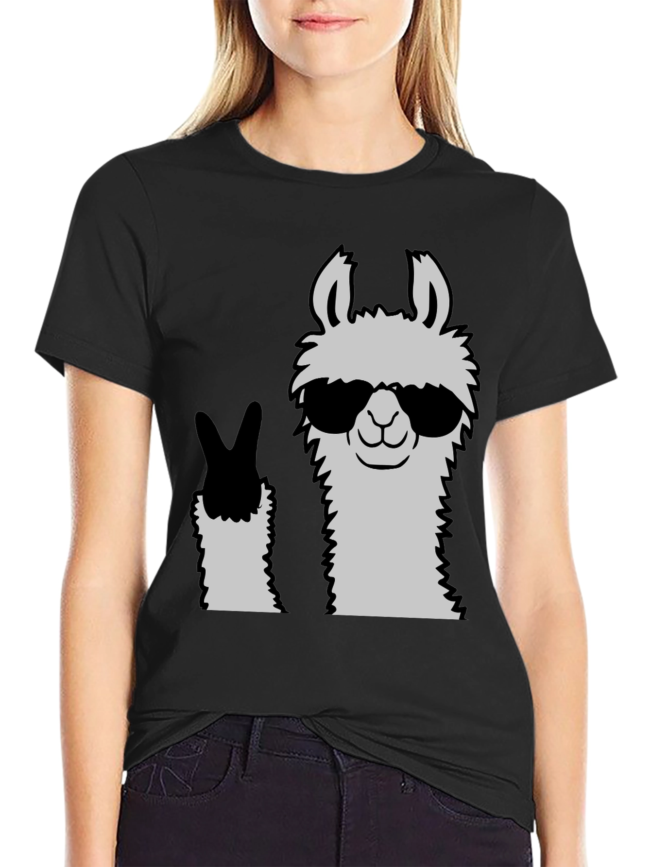 Cool Llama Peace Sign Black T-Shirt