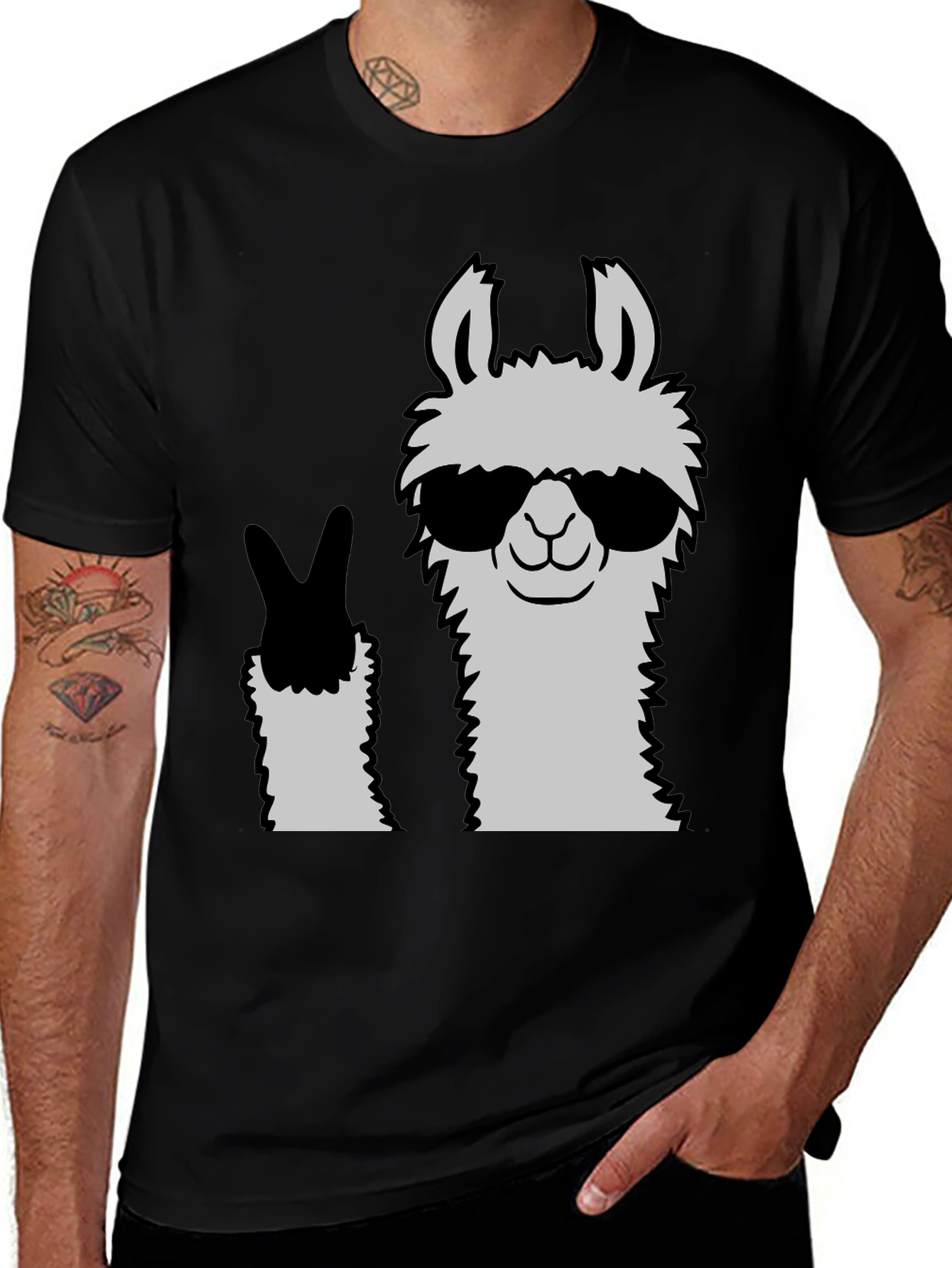 Cool Llama Peace Sign Black T-Shirt