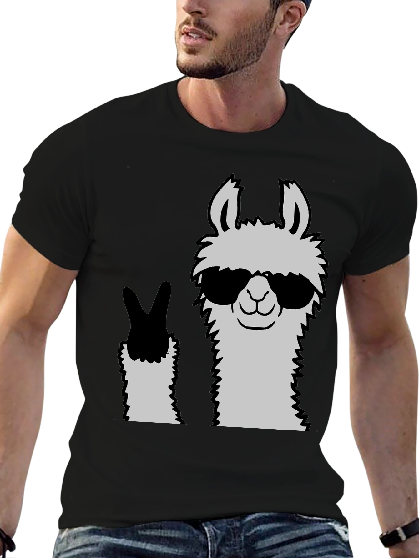 Cool Llama Peace Sign Black T-Shirt