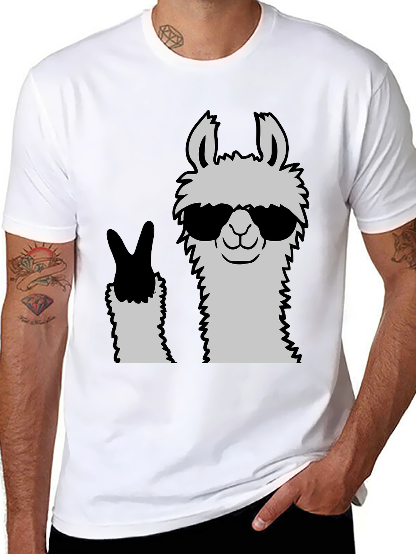 Cool Llama Peace Sign Black T-Shirt