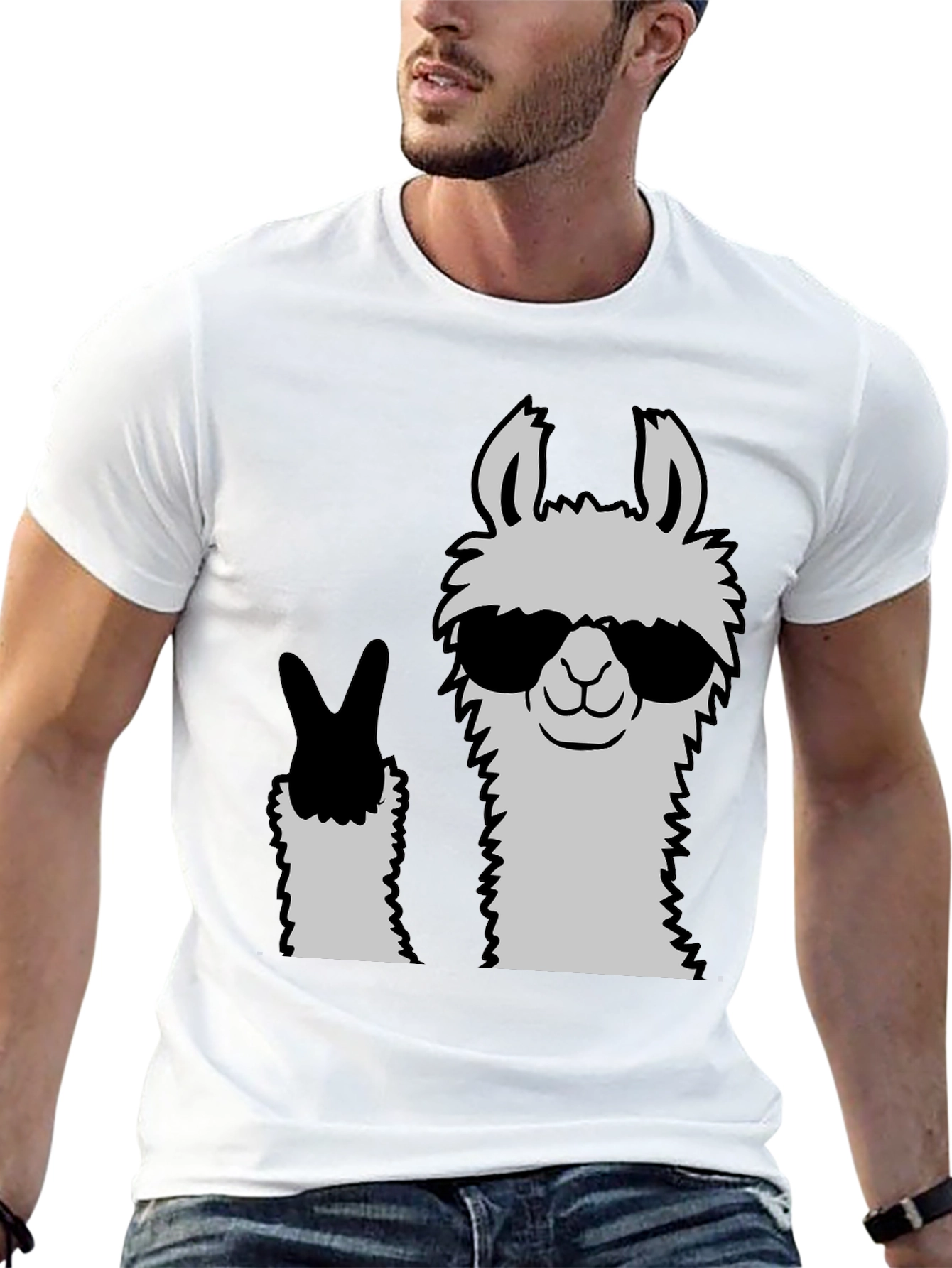 Cool Llama Peace Sign Black T-Shirt