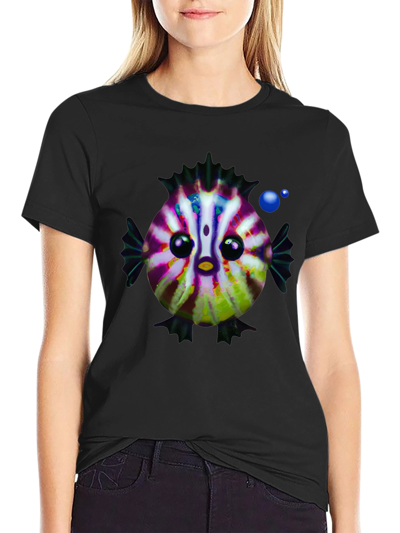 Cartoon Fish Graphic Tee - Black Cotton Casual Shirt