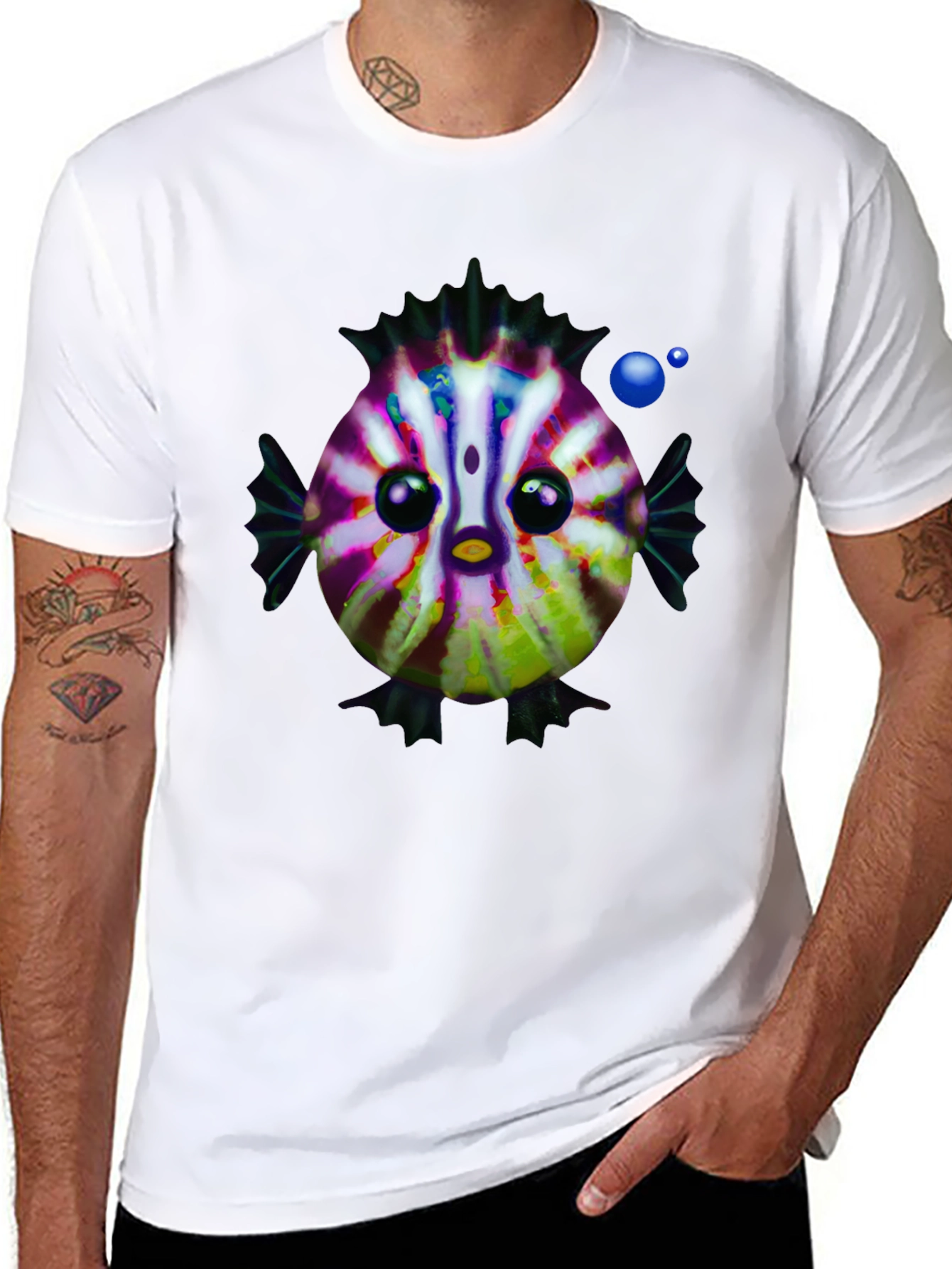 Cartoon Fish Graphic Tee - Black Cotton Casual Shirt